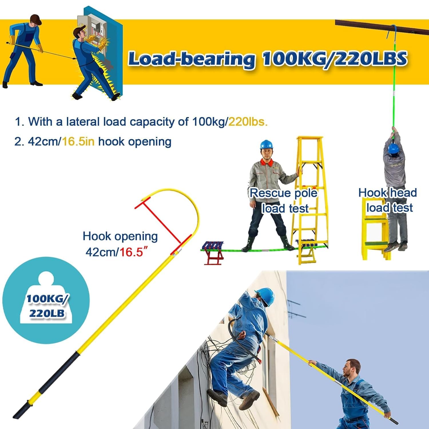 High Voltage Insulated Rescue Hook Electrical Safety Tool Insulated Rescue Hook, 10kv 35kv 110kv 220kv Insulated Safety Rescue Pole(3.3ft/1m-10kV)