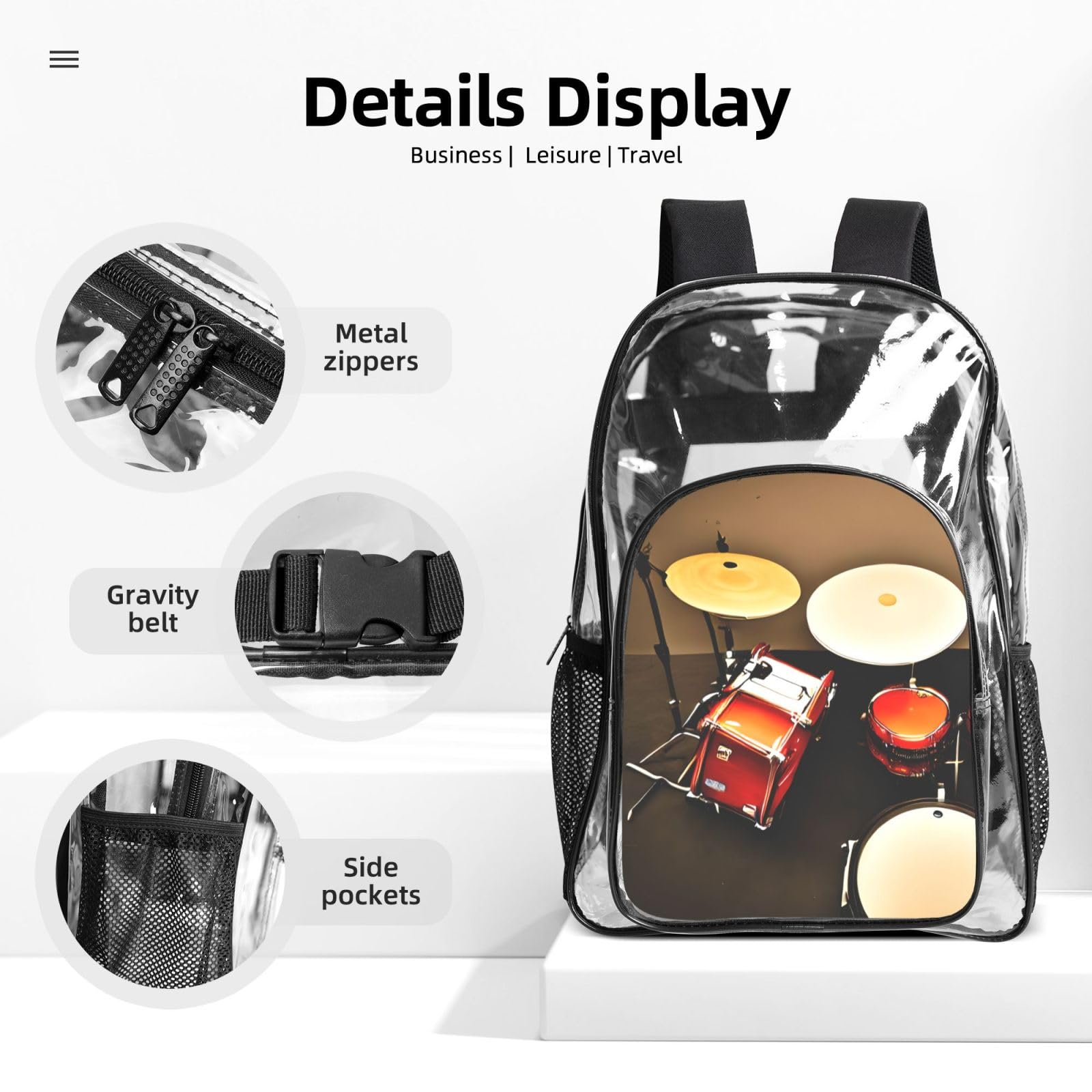 Schlagzeug-Set, Standarddruck, für Damen, Herren, Kinder, transparent, Rucksack, Schule, Reisen, 3-teiliges Lunchpaket