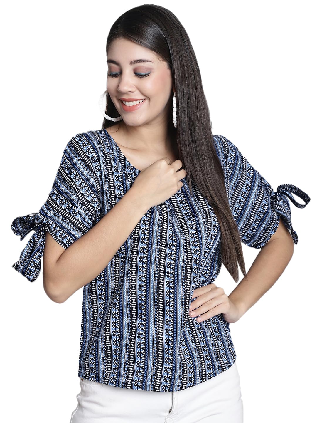 Fine MeWomen Casual Printed Round Neck Tie Knot Sleeves Top (FM-TOP-02)