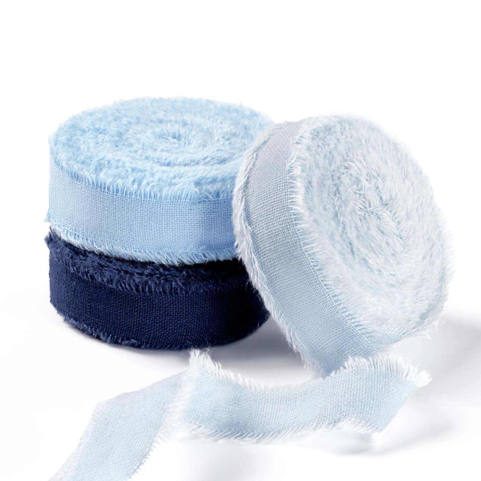FAKILO Natural Rustic Cotton Ribbon with Frayed Edge,100% Cotton Ribbon 1.6cmx 16m for Vintage Wedding Bouquets,Invitations,Baby Shower,Gift Wrapping,DIY Crafts（Light Blue/Sky Blue/Dark Blue）
