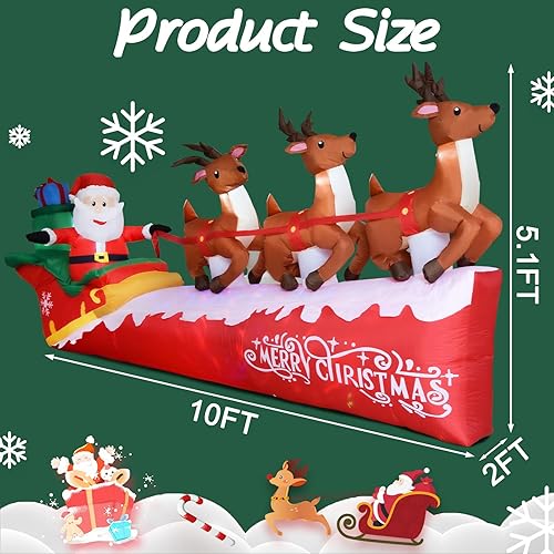 Miniatura 3 de Papá Noel inflable de Navidad de 10 pies en trineo con 3 renos, inflable para patio con luces LED integradas, decoración de fiesta navideña para