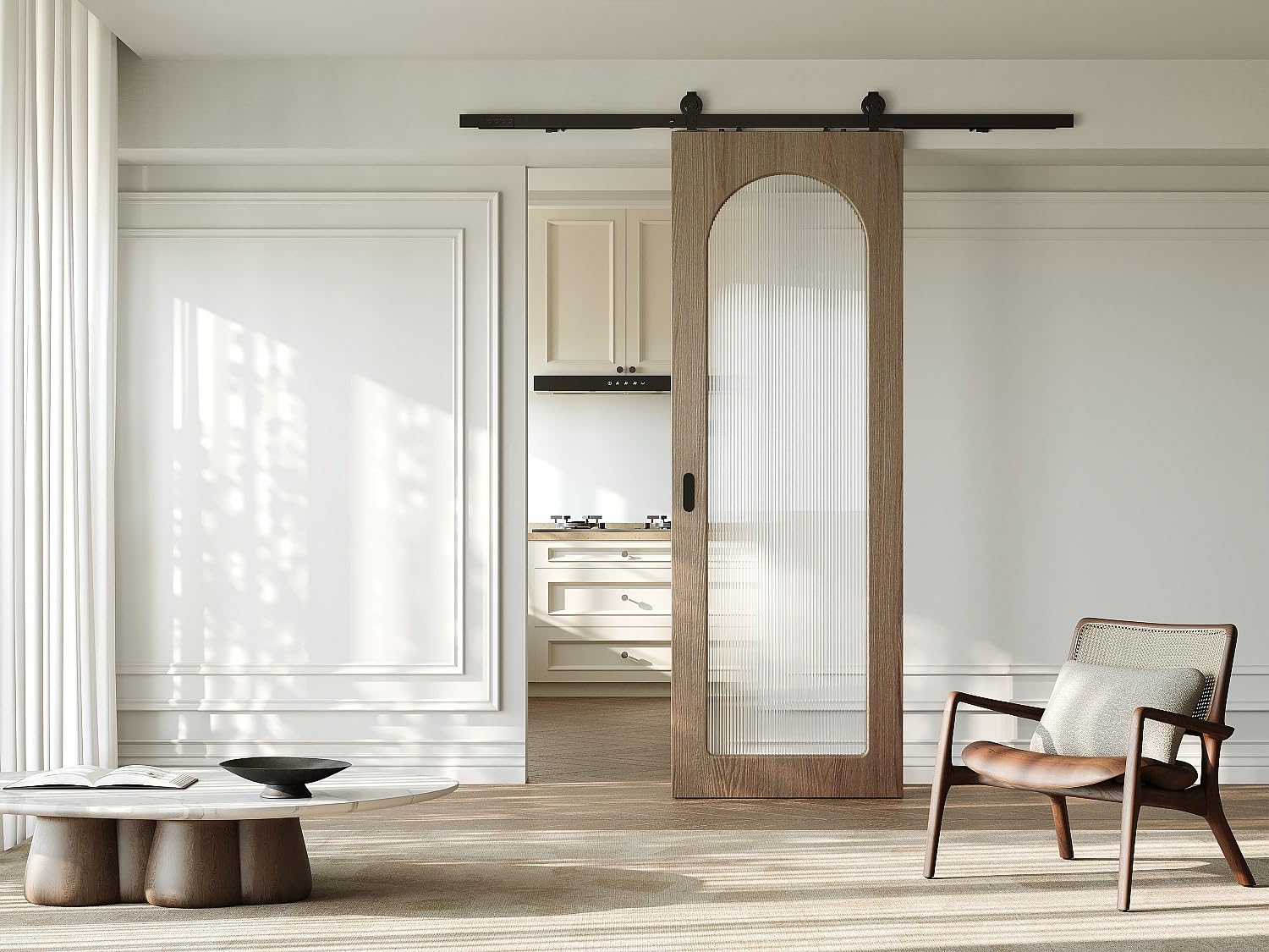 Vente-unique - Puerta corredera con sistema de aplique de madera y MDF - arco natural claro y cristal templado estriado - 205 x 63 cm - ODEZA