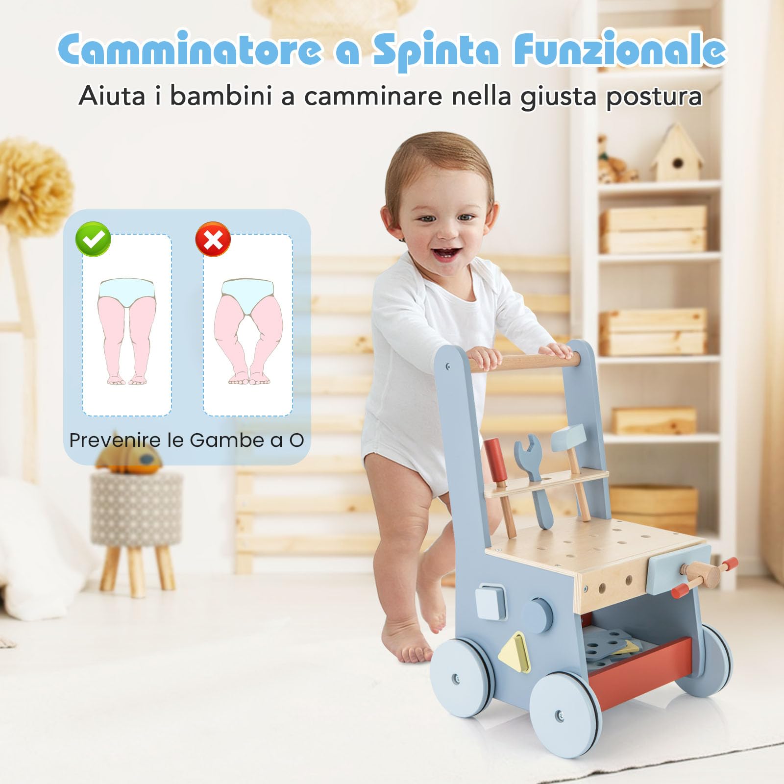 COSTWAY 2-in-1 Girello Neonato in Legno, Camminatore con Giocattoli e Attrezzi, Primi Passi per Bambini con Montessori, Carrello Primi Passi con Ruote, con Banco da Lavoro, per Bambini 3+ Mesi