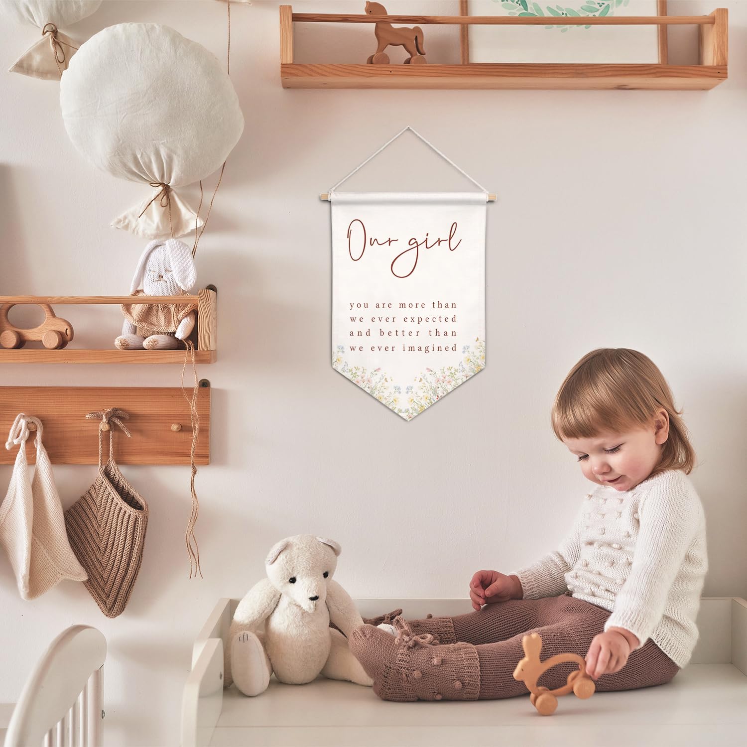 Cilrii Boho Wildflower Girl Nursery Canvas Banner Wall Decor, Girls Room Decor, Our Girl Inspirational Hanging Pennant Flag Banner for Baby Little Girls Room Nursery Playroom