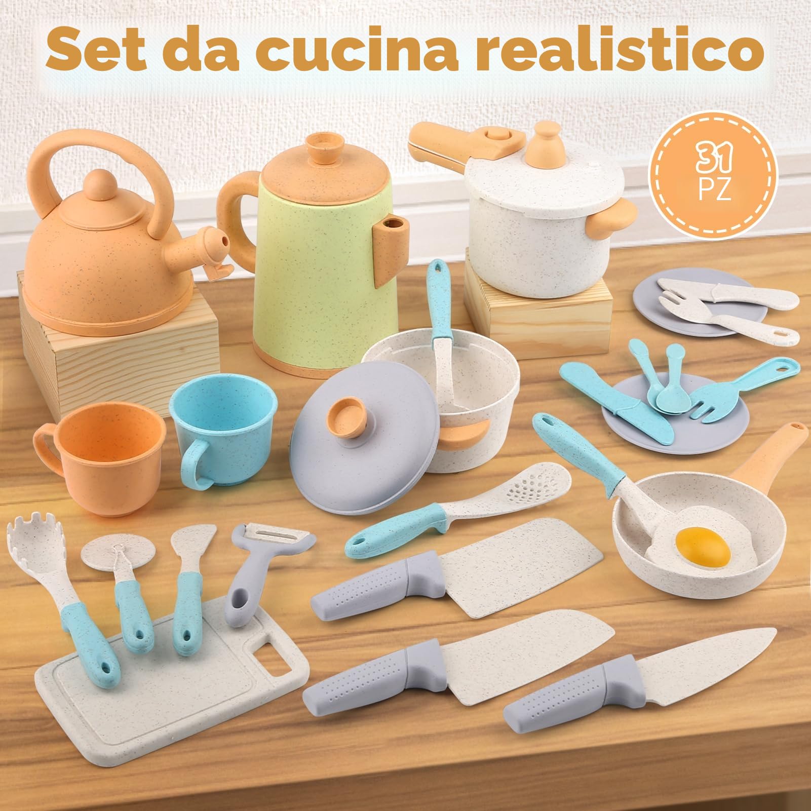 Dreamon Cucina Giocattolo per Bambini Set 31PCS Accessori Cucina Bambini Pentole e Padelle Giocattolo Gameplay Sicuro e Durevole Regali per Bambino Bambina di 3 4 5 6 Anni