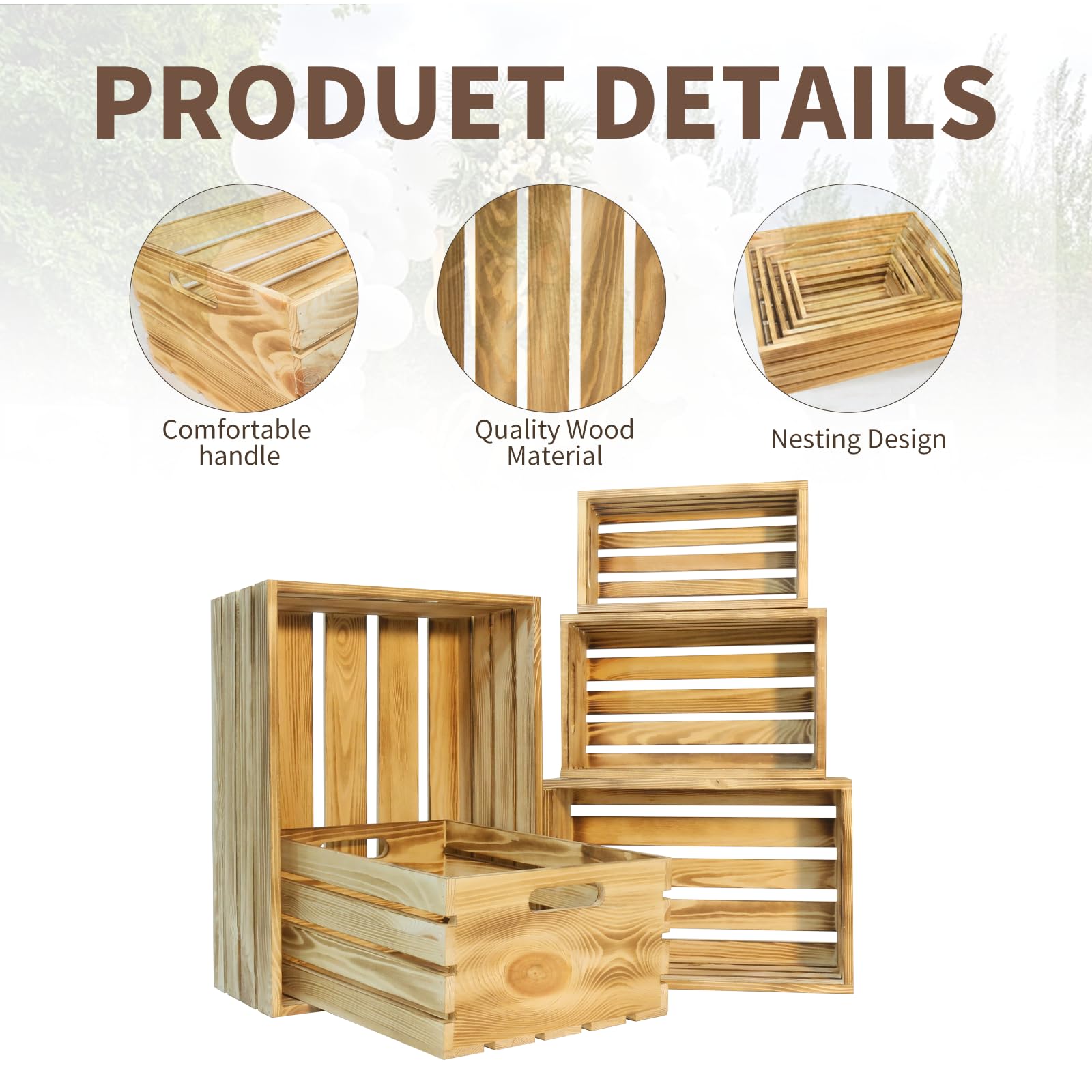 5 cajas decorativas de madera para exhibición, cesta grande de madera de granja de 5 tamaños para contenedores de almacenamiento y decoraciones, cajas de anidación rústicas con asa