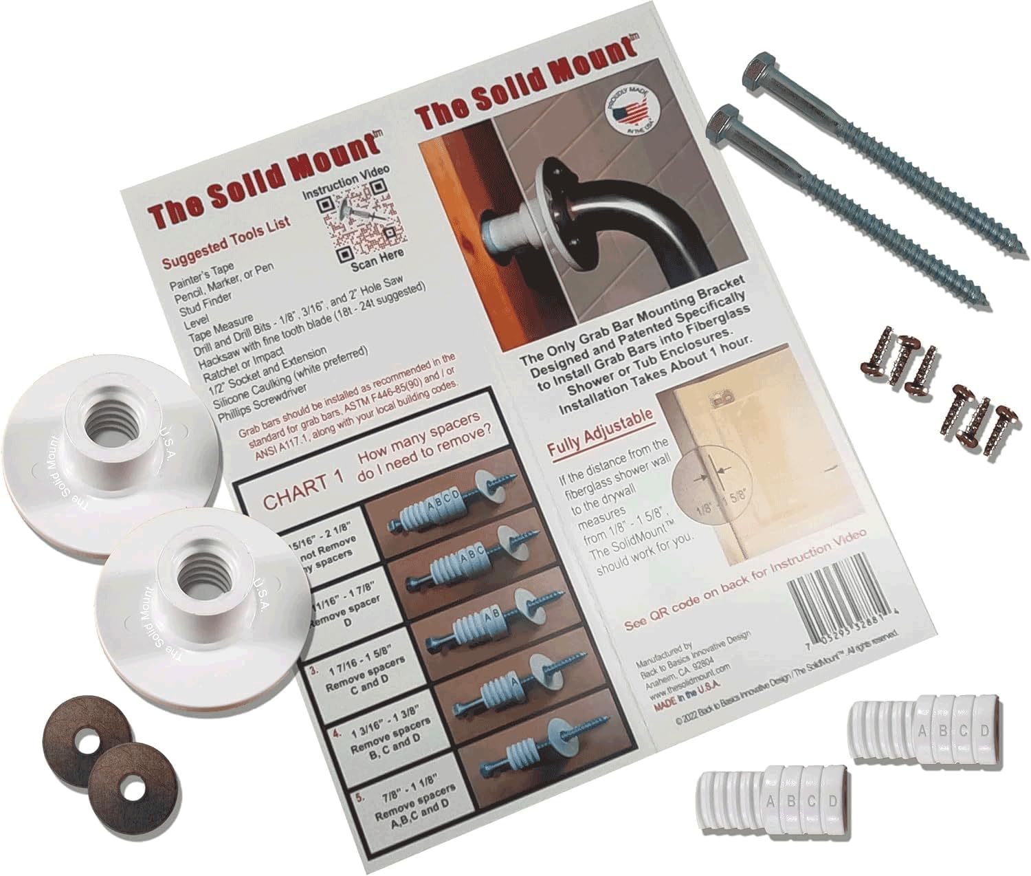 Grab Bar Mounting Kit for Fiberglass Showers. The Solid Mount uses Adj. Spacers for use in most fiberglass showers with wood studs (Only). Solid, Secure, and won’t flex in your shower. Made in the USA