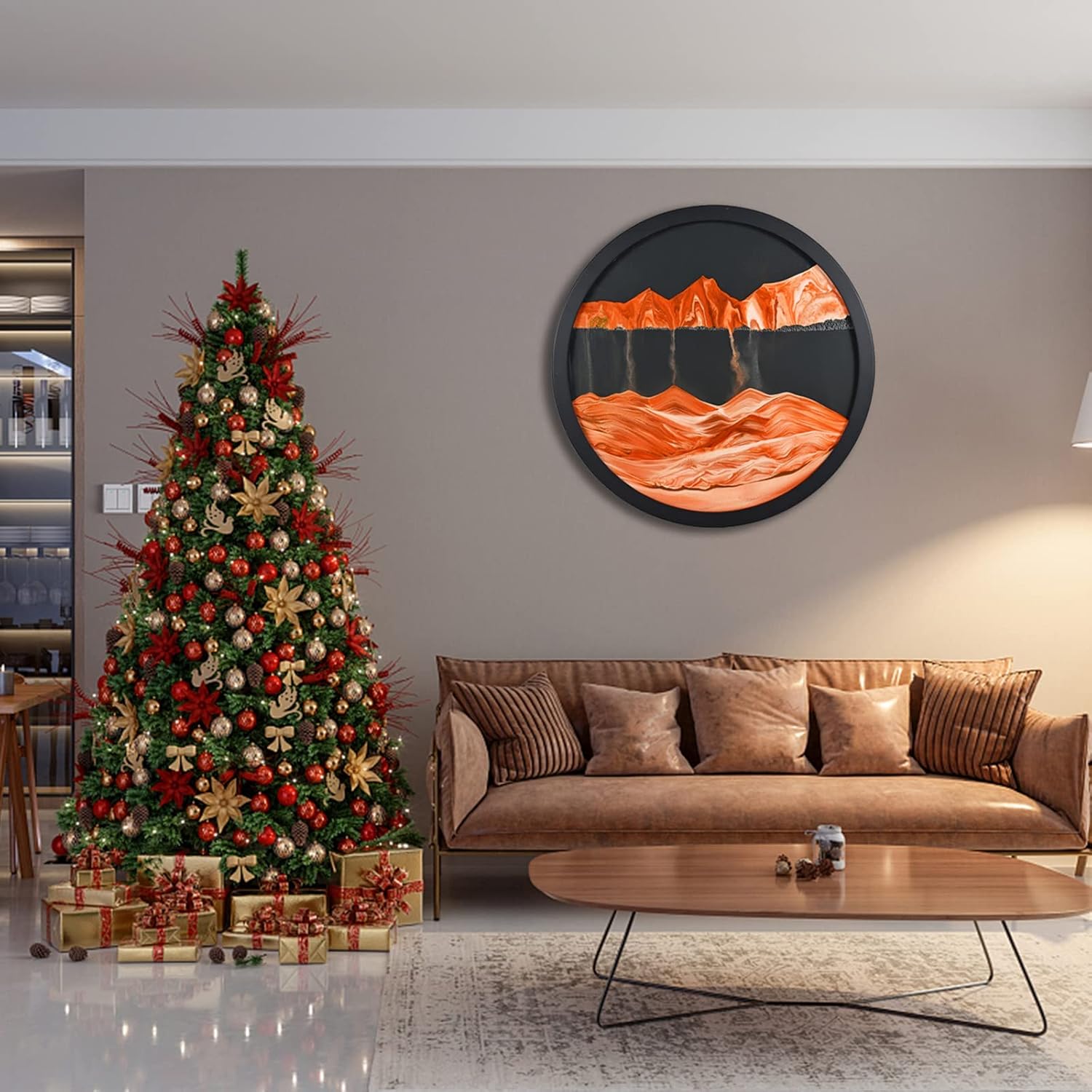 BBYYT Moving Sand Art, Wall Mounted Rotate Sand Art 3D Quicksand Decor, Deep Sea Sandscape Room Decoration, Relaxing Mood Home Office Work Decor (Orange-Black Background, 11.4'')