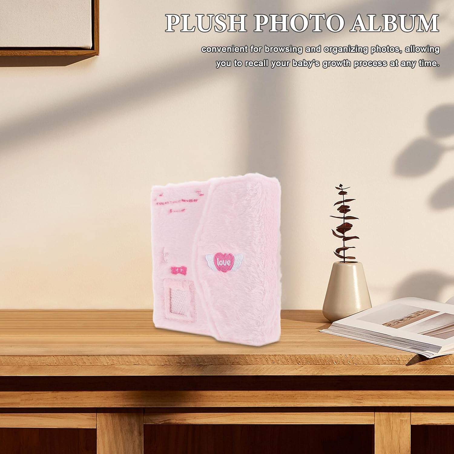 Plush Photocard Album and Photo Card Holder for Babies, 3-inch Mini Scrapbook with Soft Pink Cover, Loose Leaf Binder for Movie Tickets and Instant Photos Storage
