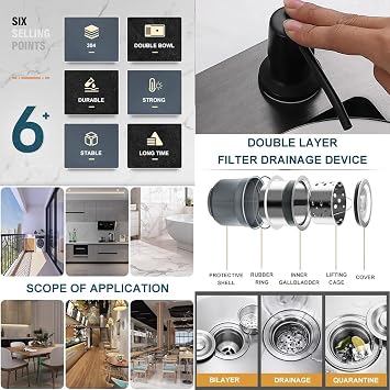 Black Double Bowl Kitchen Sink Stainless Steel Bar Sink Drop-In Workstation Sink With Pull-out Faucet And Complete Accessory Set (Color : Black, Size : 75x41x21cm)