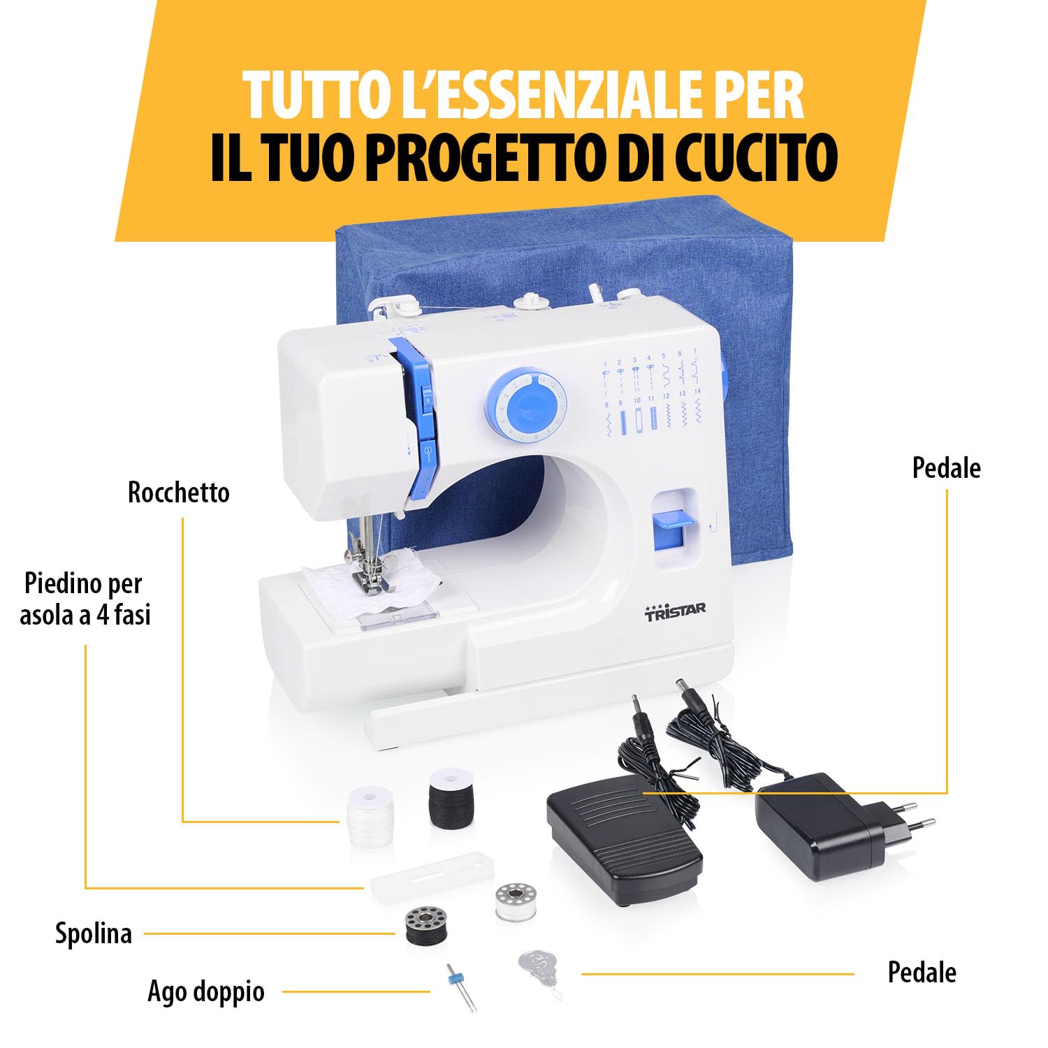 Tristar Macchina da Cucire, 14 Punti, Asola in 4 Fasi, Braccio Libero, Luce LED, Cucitura Inversa, Infila Ago Automatico, Tagliafilo, Con Copertura Protettiva, SM-6003