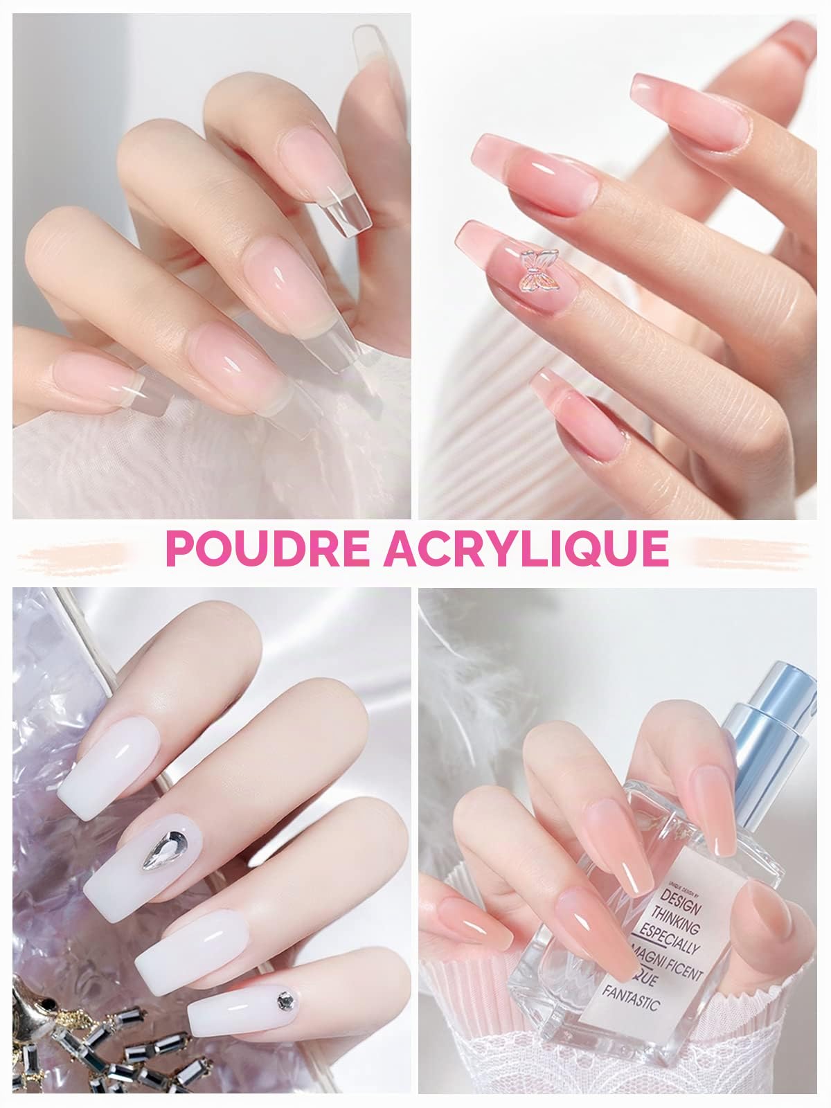 EBANKU Ensemble de Poudre Acrylique Professionnelle - 4 Couleurs pour Extension et Sculpture des Ongles - Longue Durée