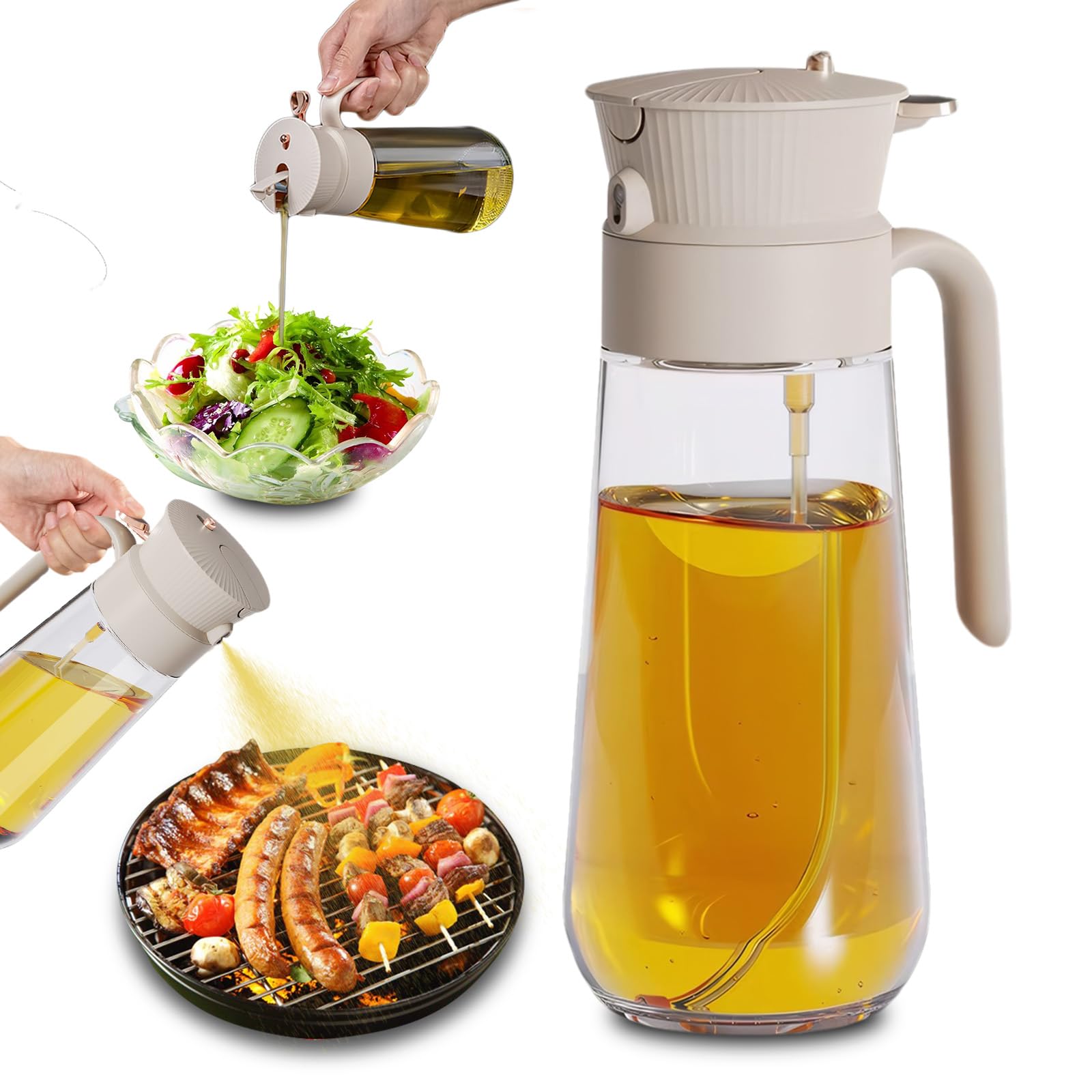 KATEI STORY Oil Sprayer for cooking 2 in 1,Olive Oil Dispenser Bottle for Kitchen,600ml/20.2oz Olive Oil Sprayer, Air Fryer,Barbecue, Salad,(Beige)