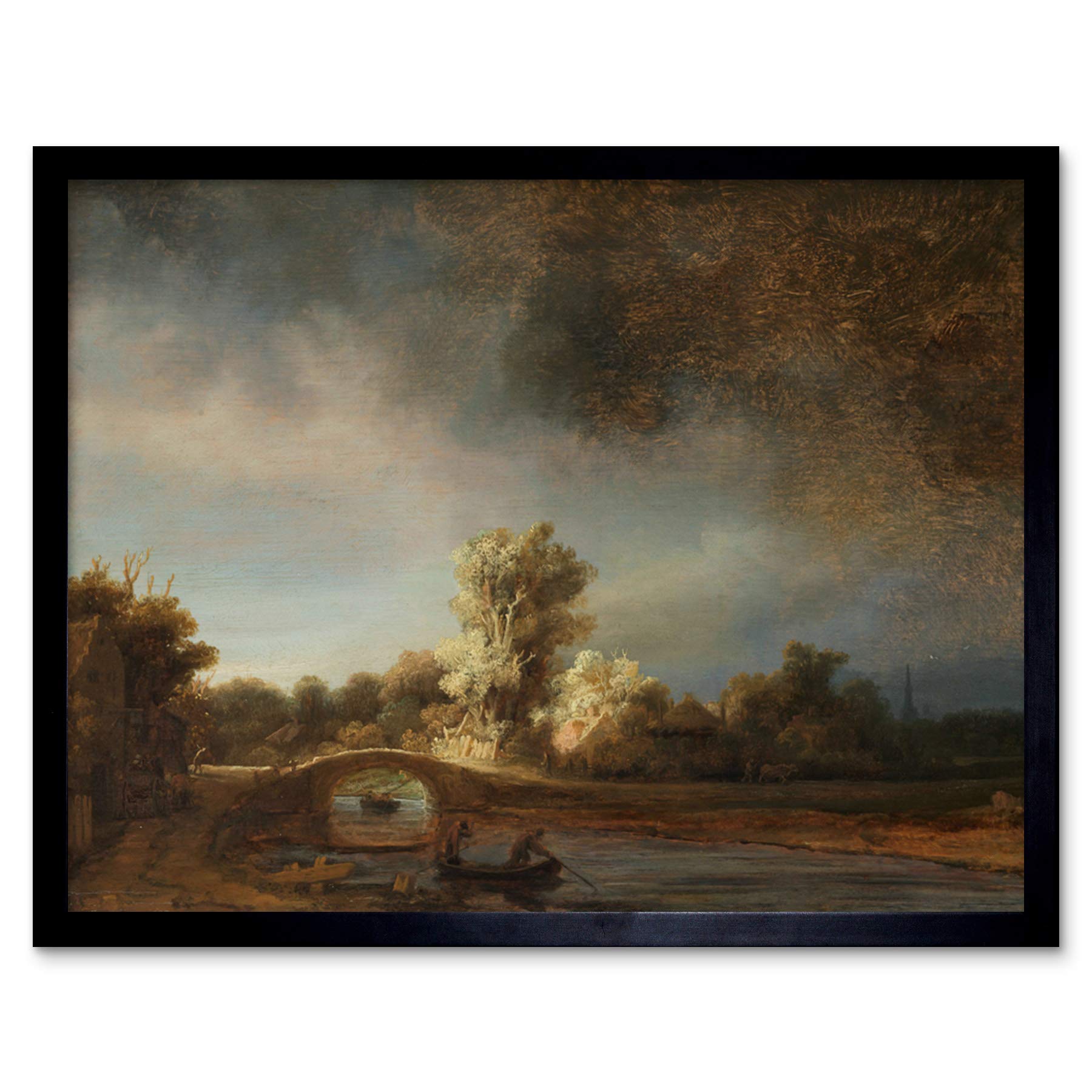 Artery8 Rembrandt Landscape With A Stone Bridge Landscape Art Print Framed Poster Wall Decor 12x16 inch