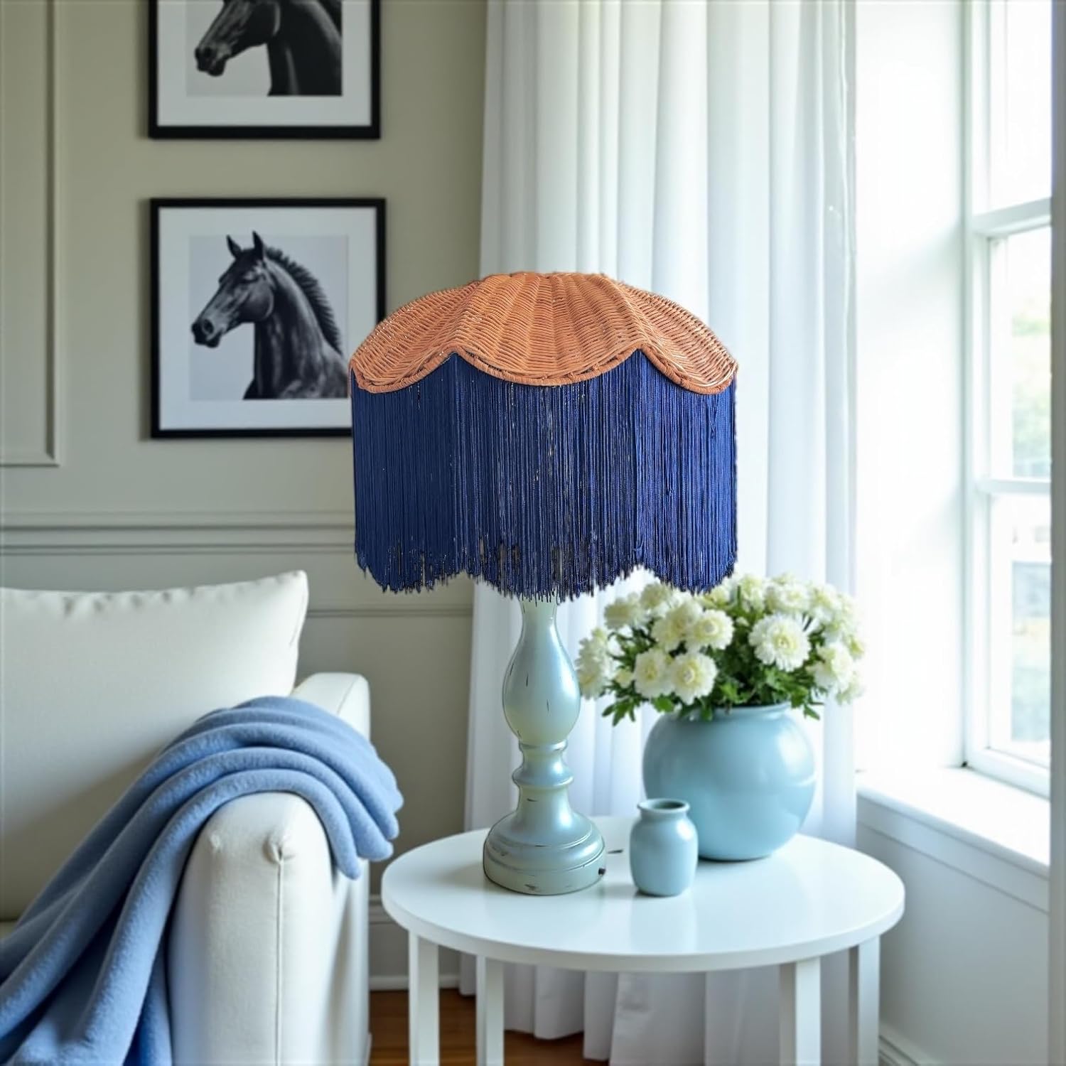 Tristan Home Rattan Lamp Shade with Fringe Trim – Boho Lamp Shade, Large Spider Fitting, Handmade Woven Top (Dark Blue)