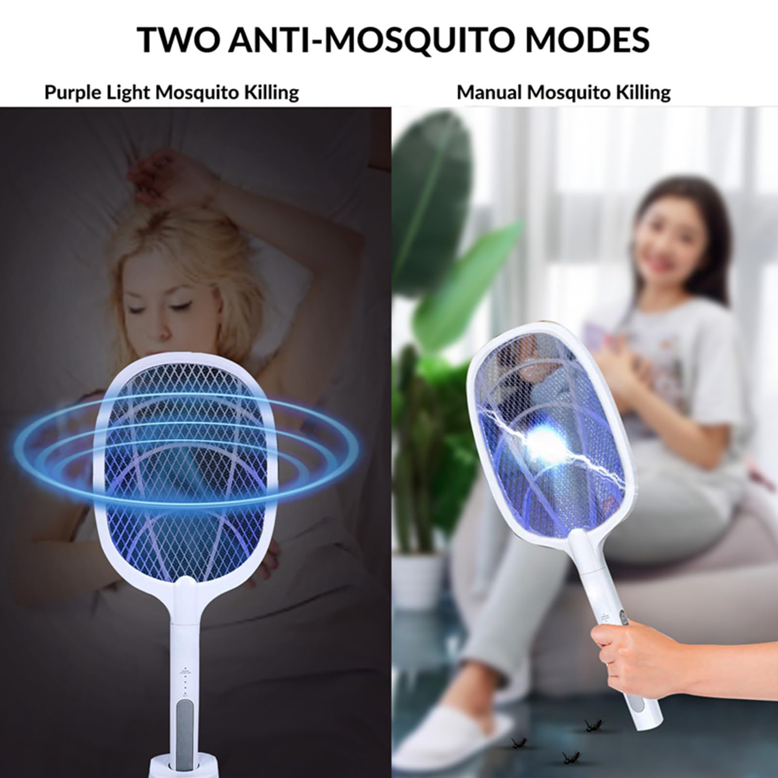 Racchetta Mosche Elettrica 2 in 1, Racchetta Elettrica con Potente Lampada Trappola per Zanzare per uso Interno ed Esterno (2 pezzi)