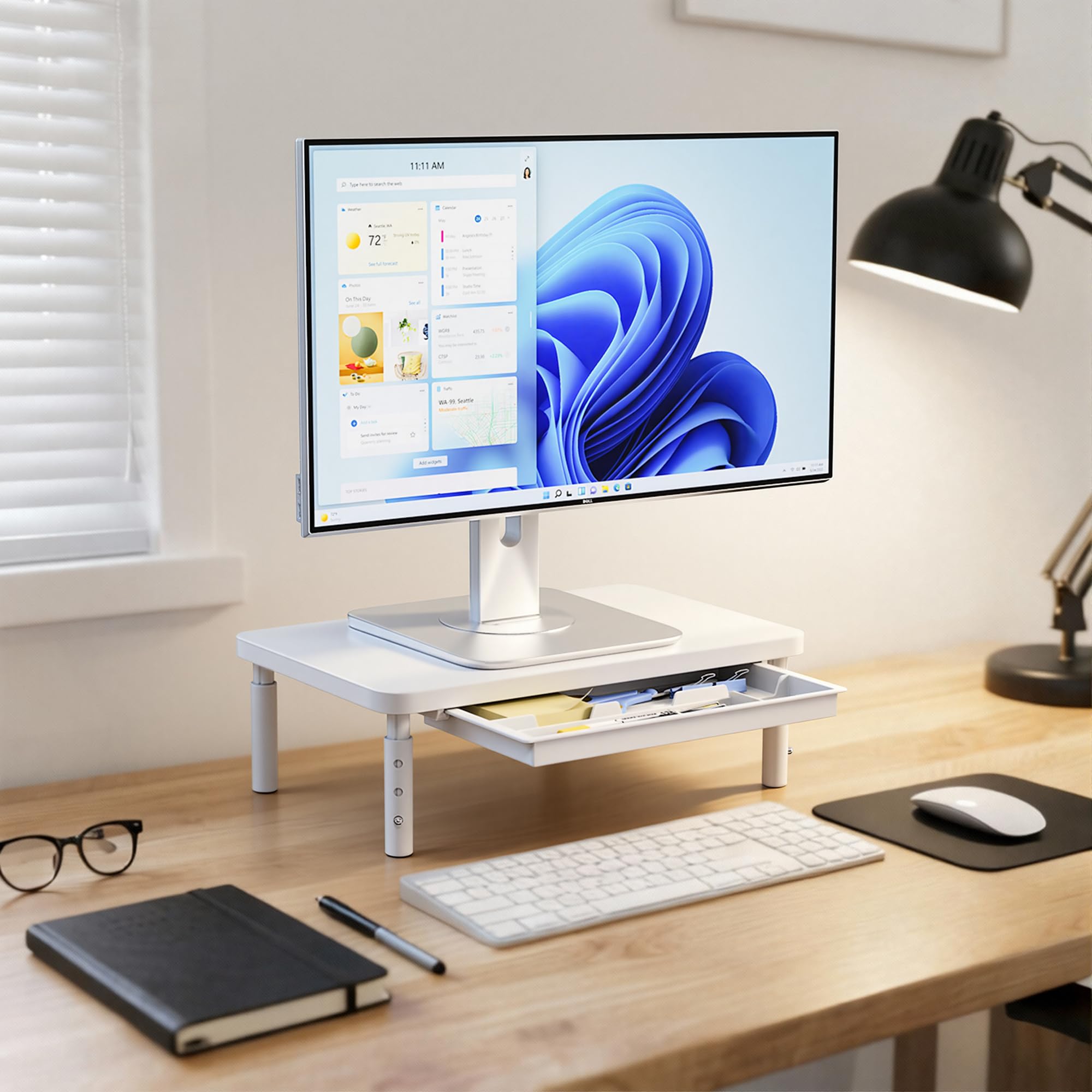 ETHU Supporto per monitor con cassetto portaoggetti, organizer da scrivania in legno massiccio con 3 impostazioni di altezza, ripiano ergonomico per monitor del computer, scrivania per casa e ufficio