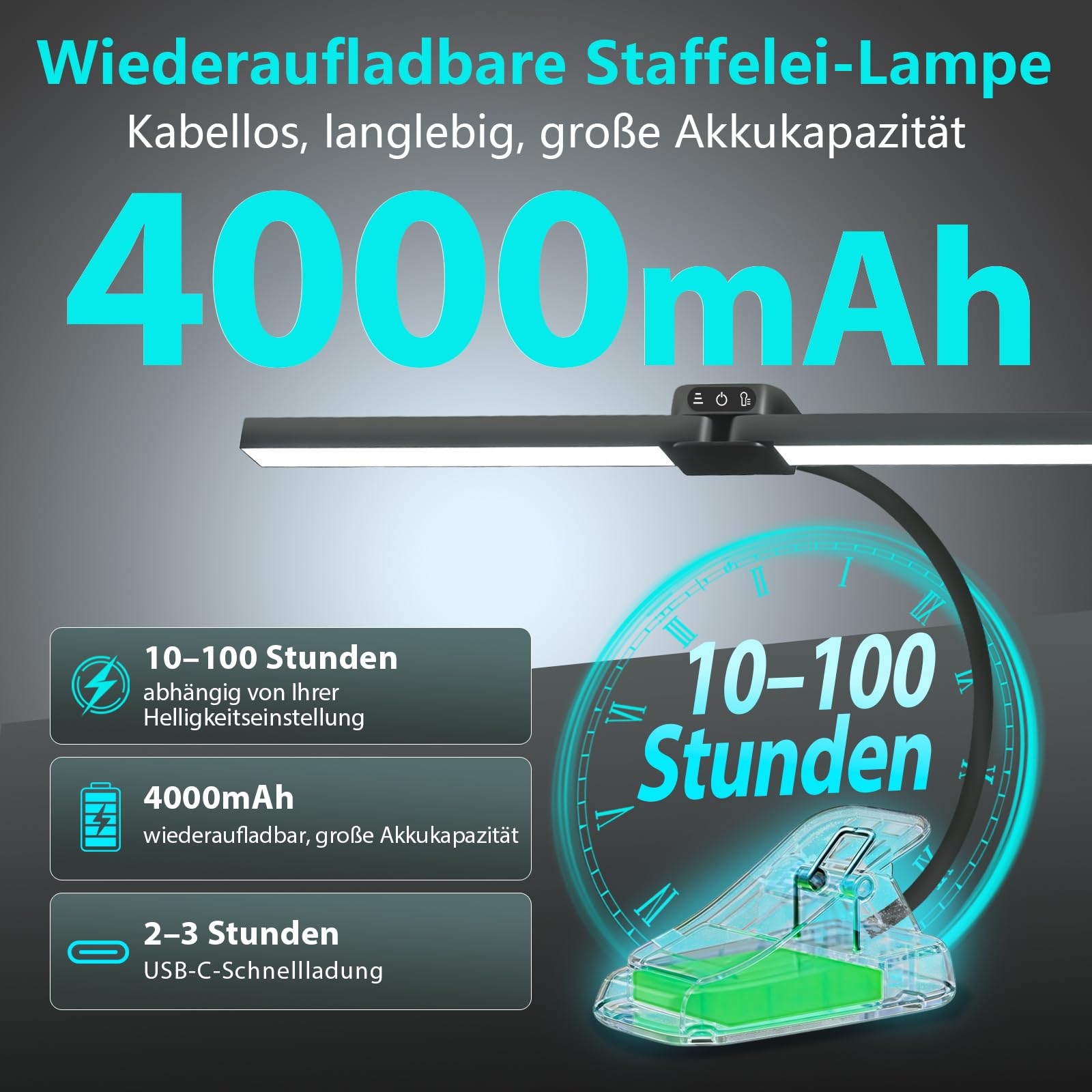 Klemmbare LED Staffelei-leuchte Wiederaufladbare LED Lampe Staffelei, 64 LEDs 4 Farben & 3 Helligkeiten, Kabellose Easel Light für Künstler, Zeichnen Touch-Control