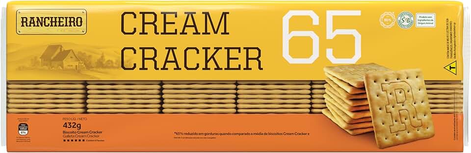 Biscoito Cream Cracker 65 Rancheiro 432g – 65% Menos Gordura, 100% Mais Crocância, Vegano, Ideal para Famílias