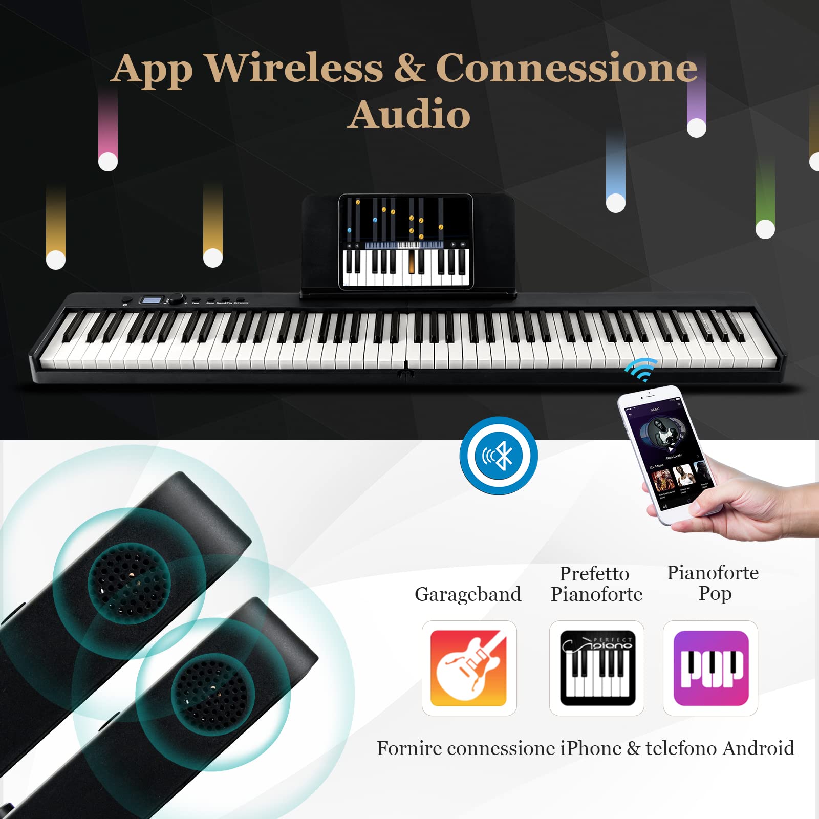 COSTWAY Tastiera Elettronica 88 Tasti Illuminati, Pianoforte Digitale Pieghevole Portatile con Custodia, Sustain Pedali, Modalità di Insegnamento, MP3/USB/MIDI/Bluetooth (Nero)