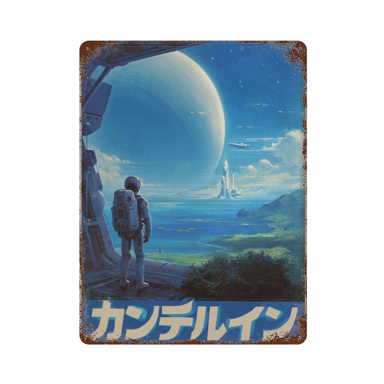 xiaoxiaoshen Astronaut Landscape. Retro Futurism Japanese Sci Wall Decor Art Metal Tin Poster Modern Home Decor Art Home Bar Shop Decorations Vintage Sign 40x30cm