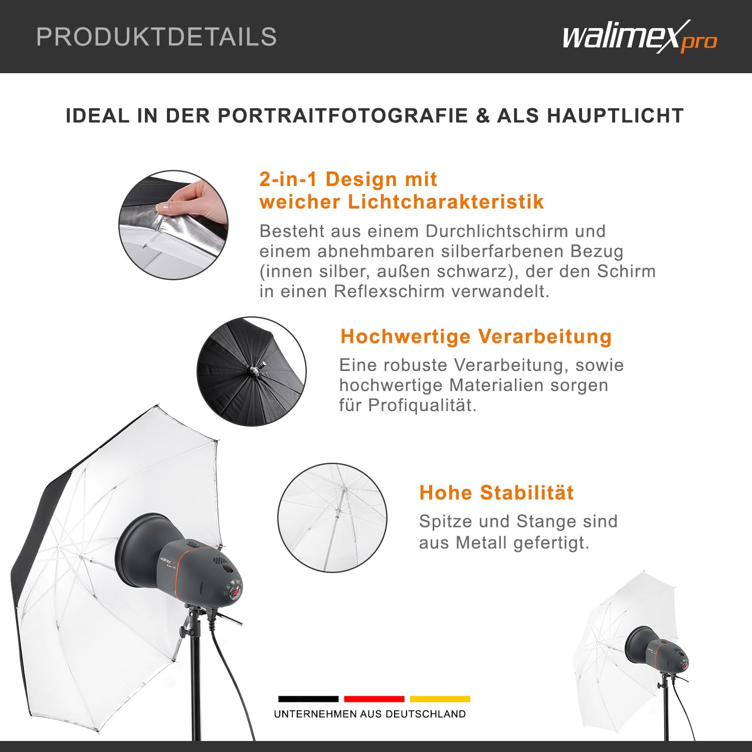 Walimex Pro 2-in-1 Reflex-/Durchlichtschirm (84 cm) weiß