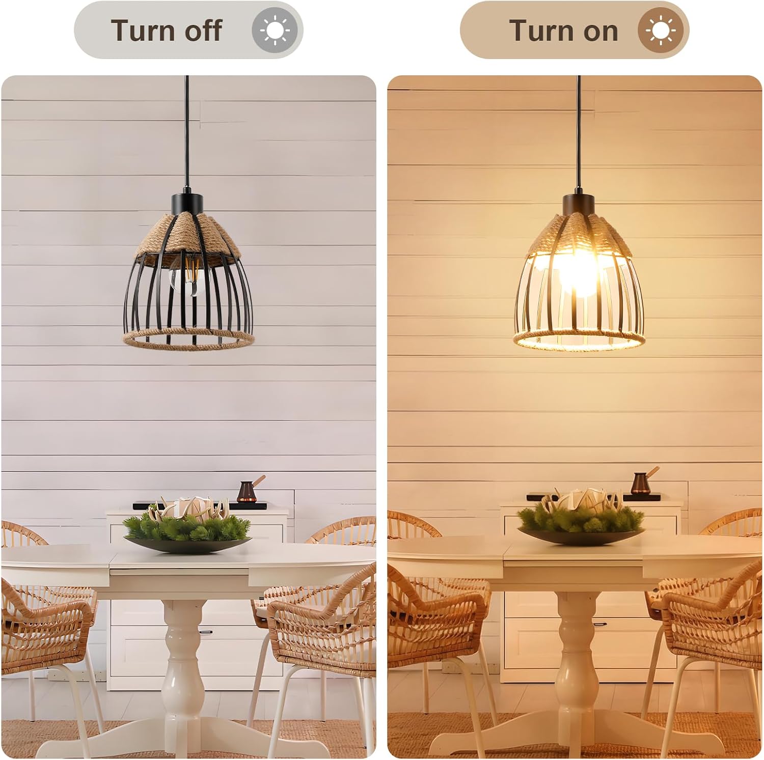 OCIOC Mini Hemp Rope Woven Pendant Light, Boho Chanderlier Light Fixture, 6.9 Inch Farmhouse Rattan Adjustable Height Hanging lamp for Kitchen Island Bedroom, Dining Room, Living Room, Entryway, Foyer