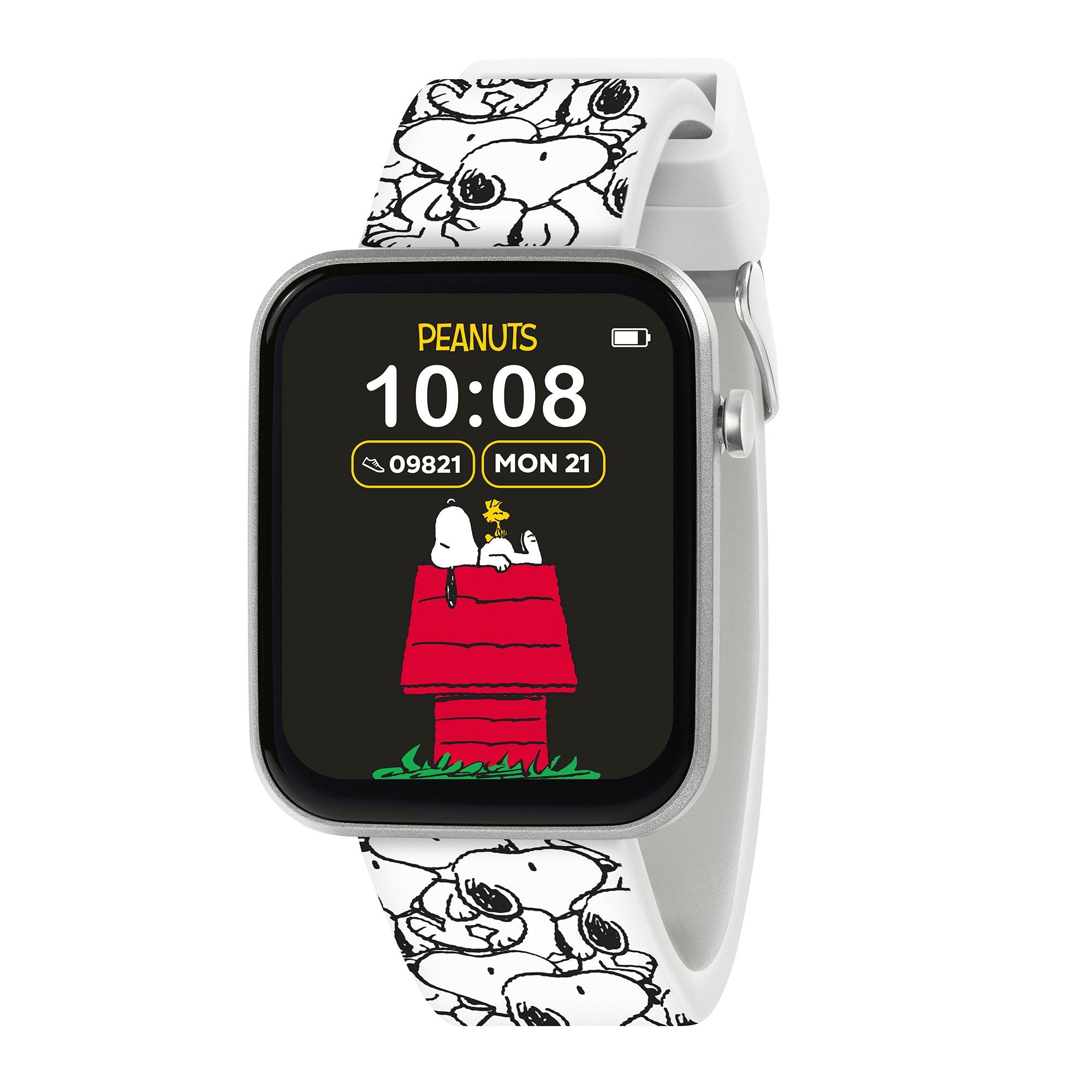 Accutime - Reloj inteligente interactivo Peanuts Snoopy para niños con correa impresa blanca