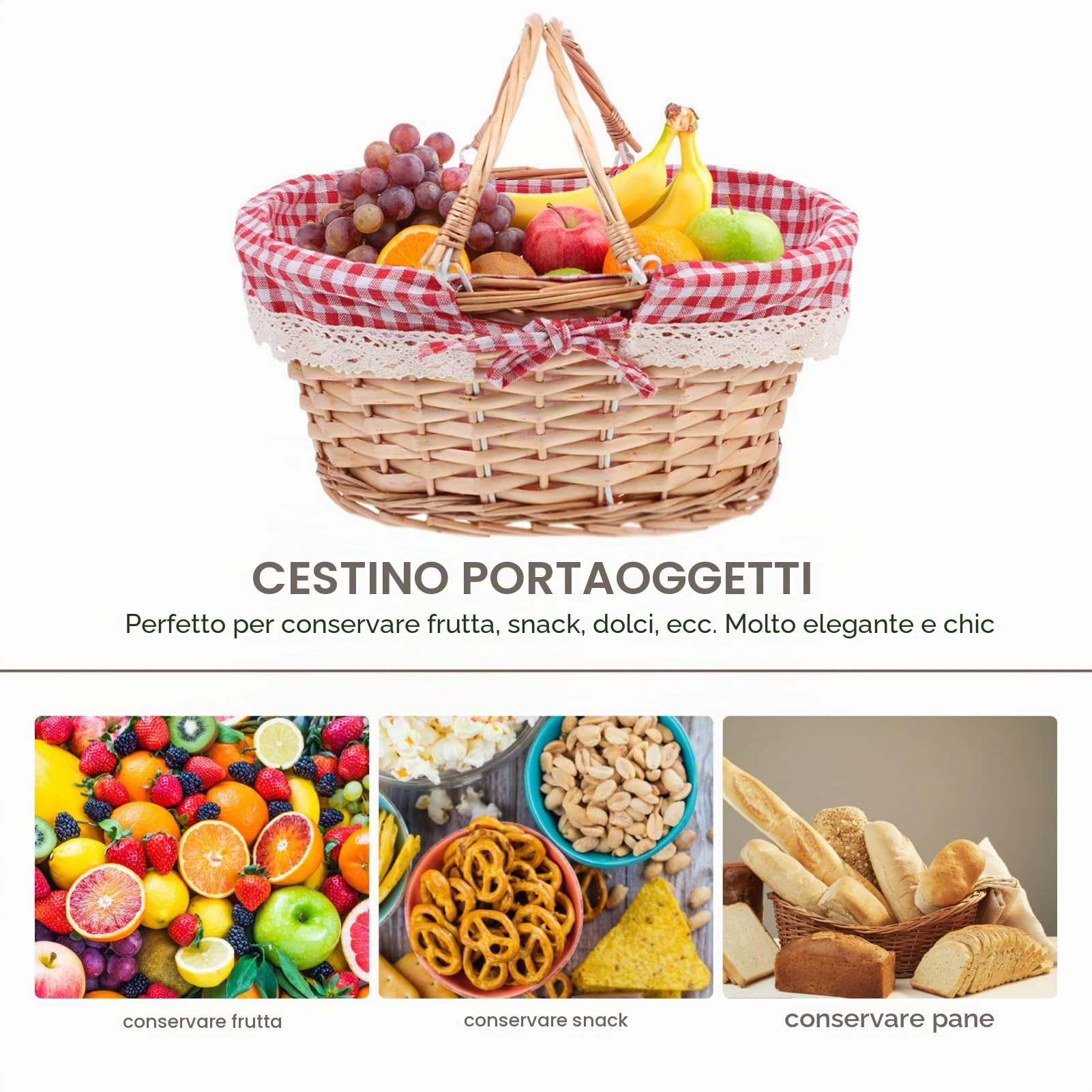 Cestini Vimini, Cabilock Cestino in Vimini, 37X27X17CM Intrecciato Cesto Picnic con Manico e Trecc, Vintage Country Naturale Cestino Campeggio All'aperto
