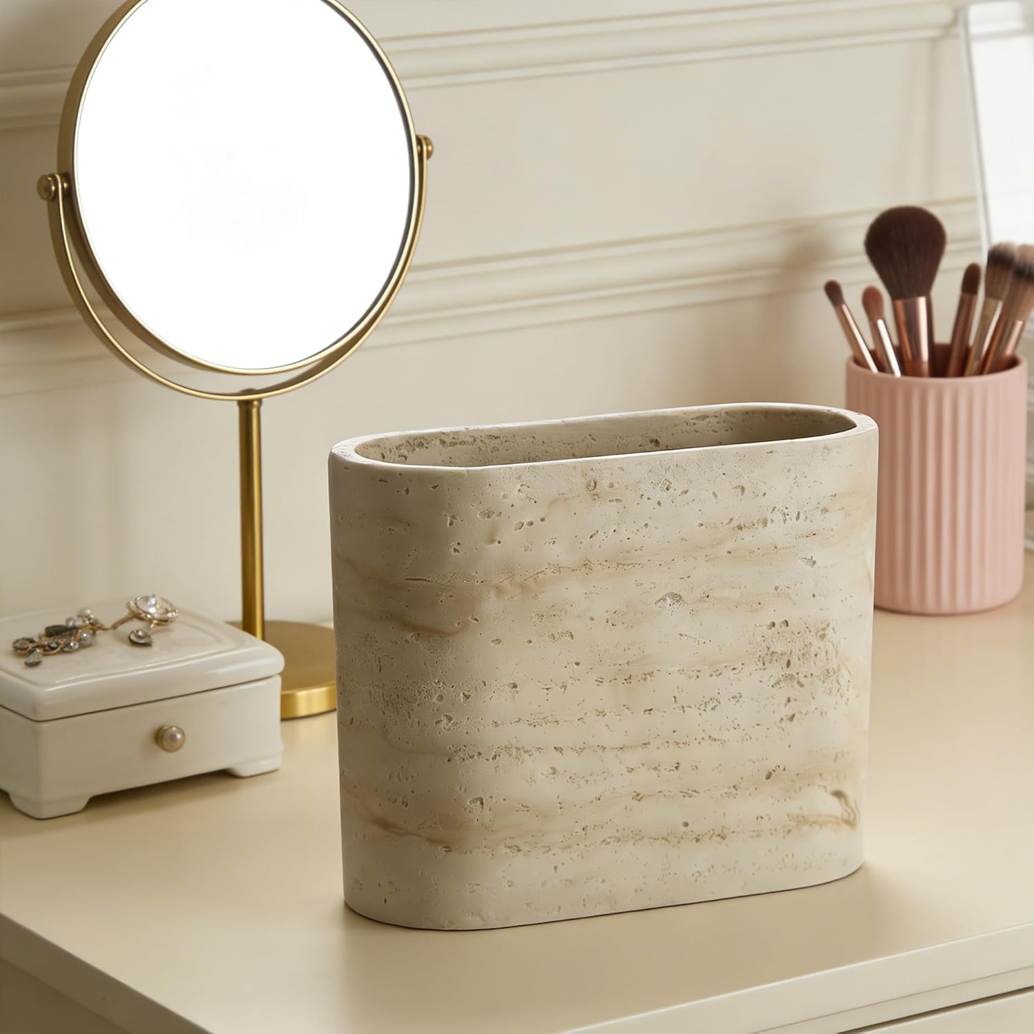 Natural Travertine Textures Mini Trash Can, Small Counter Rectangle Trash Can for Bathroom Kitchen Table Desk, Tiny Waste Basket for Vanity - Silicone Pad Anti Scratch, Non-Slip (Made of Resin)