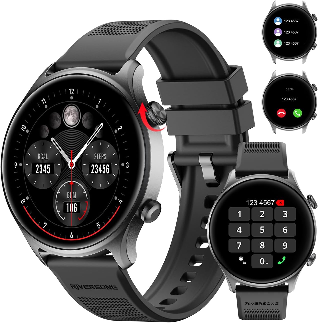 RIVERSONG Smart Watch for Men Women (Answer/Make Call) Compatible with iPhone/Android Phones, 1.52" Fitness Tracker with Heart Rate, Sleep and Blood Oxygen Monitor, 100+ Sport Modes, Pedometer, Black