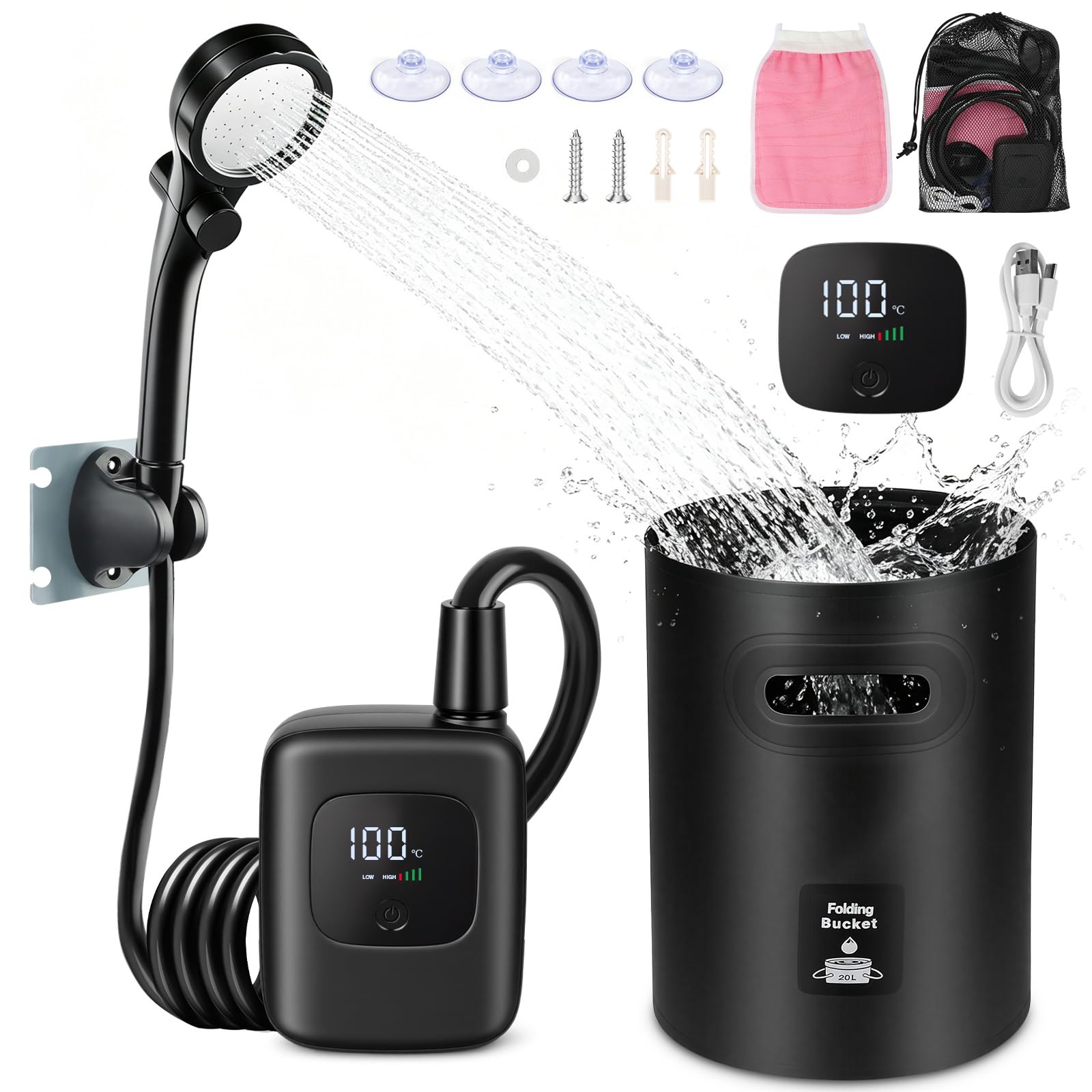 AUAUY Portable Shower for Camping, Shower Pump 3600mAh Rechargeable