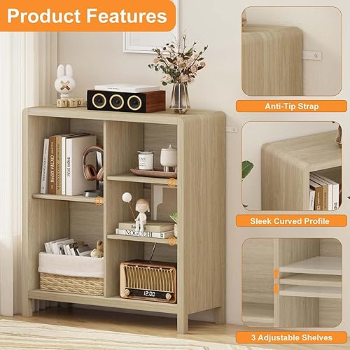 Miniatura 2 de FATORRI Mesa consola con 2 cajones y estantería de 5 cubos para sala de estar (nogal claro)