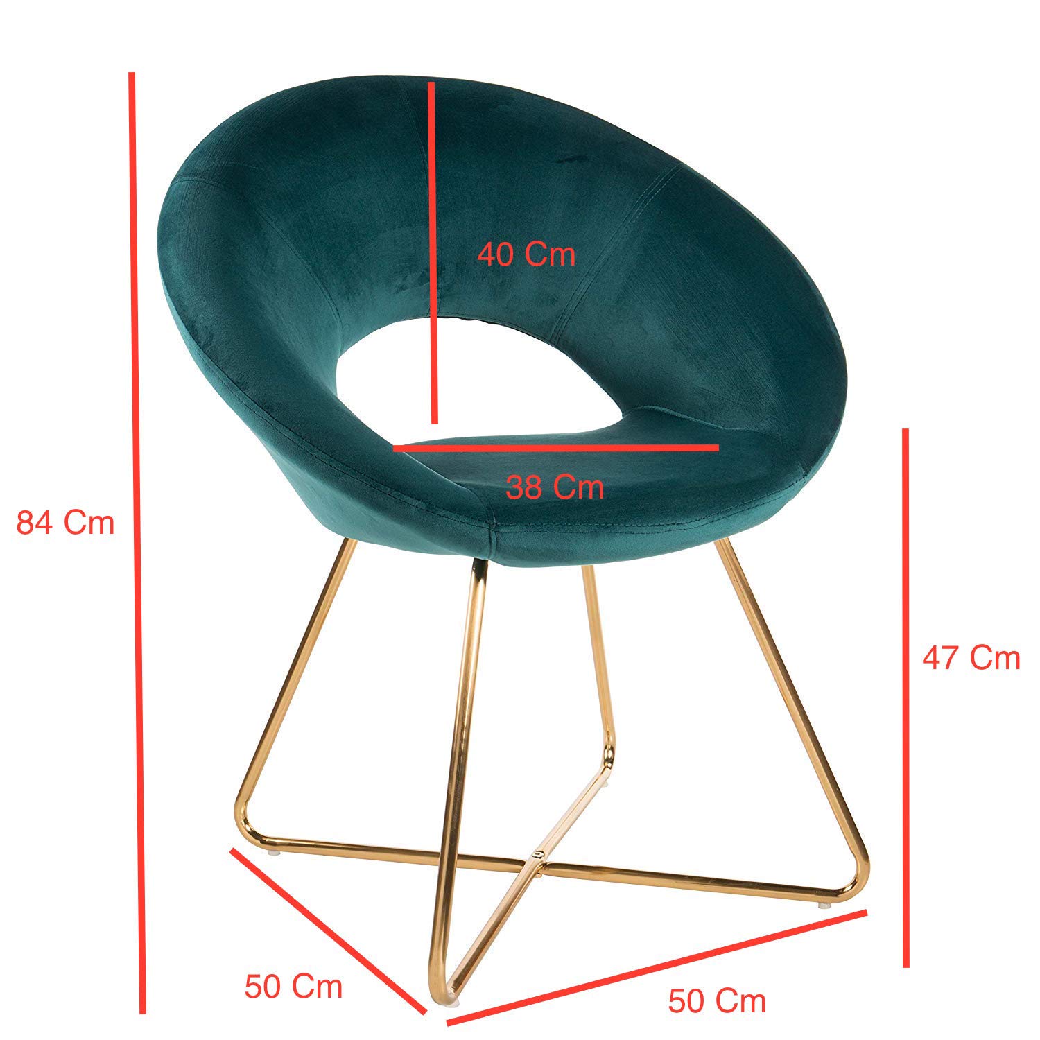 Baroni Home Poltrona Imbottita Circolare in Velluto con Gambe in Ferro Dorato, Poltroncina da Ufficio o Sedia da Pranzo Confortevole con Seduta Ergonomica 71x59x84 cm, Blu Petrolio