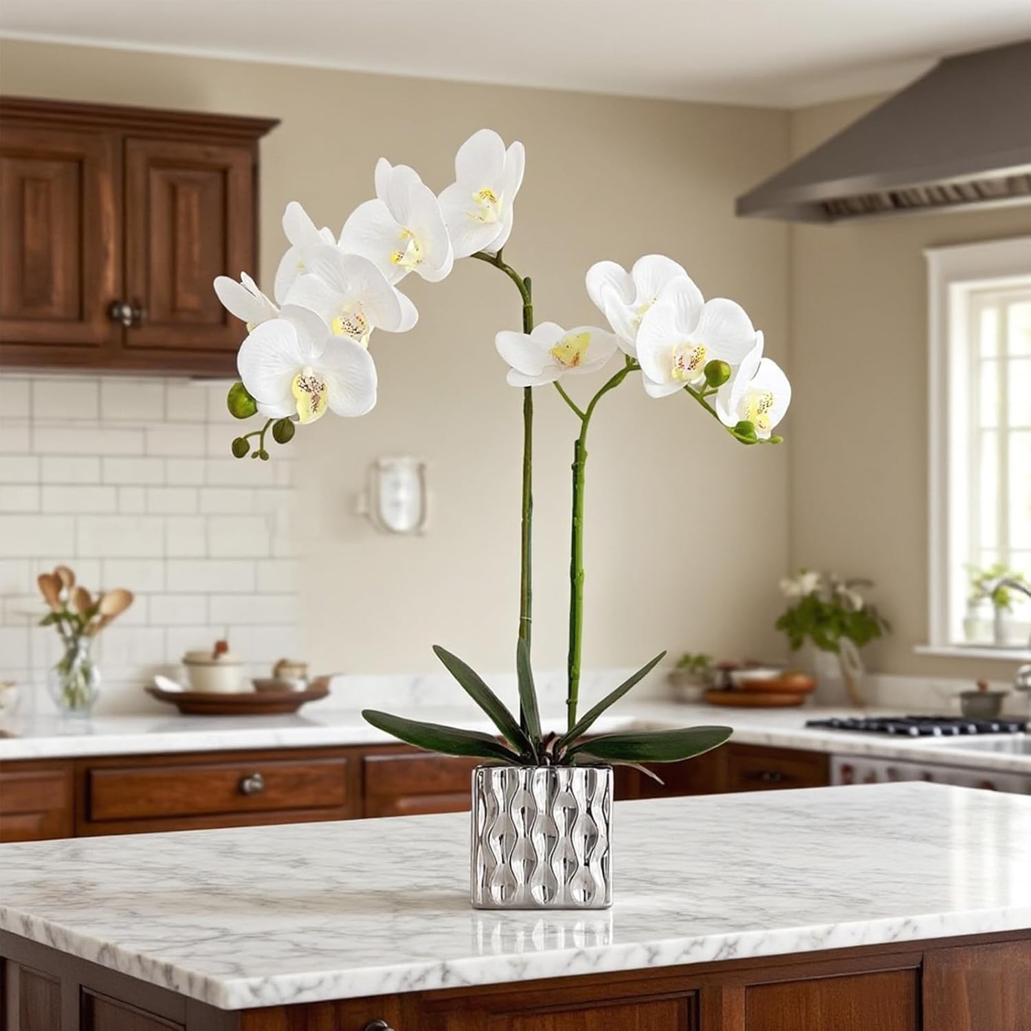 LISU Artificial Orchids, Silver Vases, Home Decoration Flower Arrangements, Fake Flowers in Vases. (C:White) - Image 3