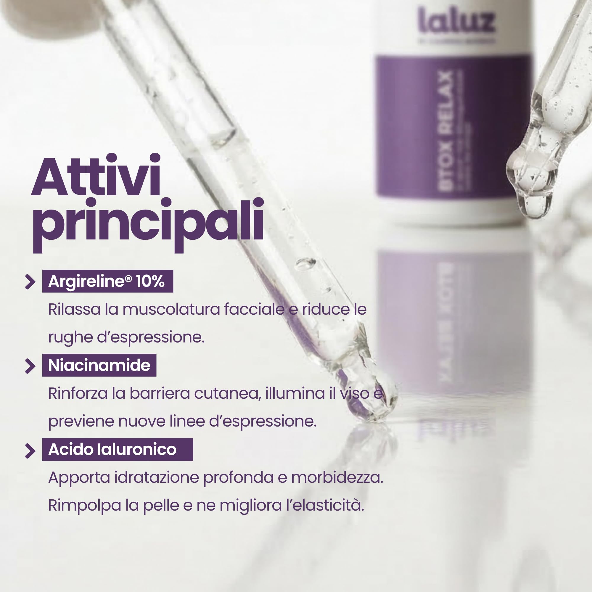LALUZ by Lourdes Moreno | Siero Viso Acido Ialuronico Antirughe | Effetto B-TOX con Argireline® 10% e Niacinamide | Lifting Anti Età | Per Donna | 30 ml