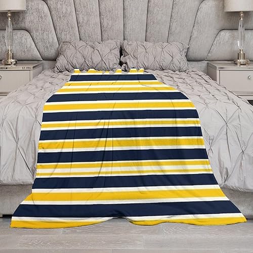 Miniatura 6 de Manta de rayas náuticas amarillas y azul marino con diseño de rayas retro para sofá de 60 x 80 pulgadas, acogedora manta de cama de franela para