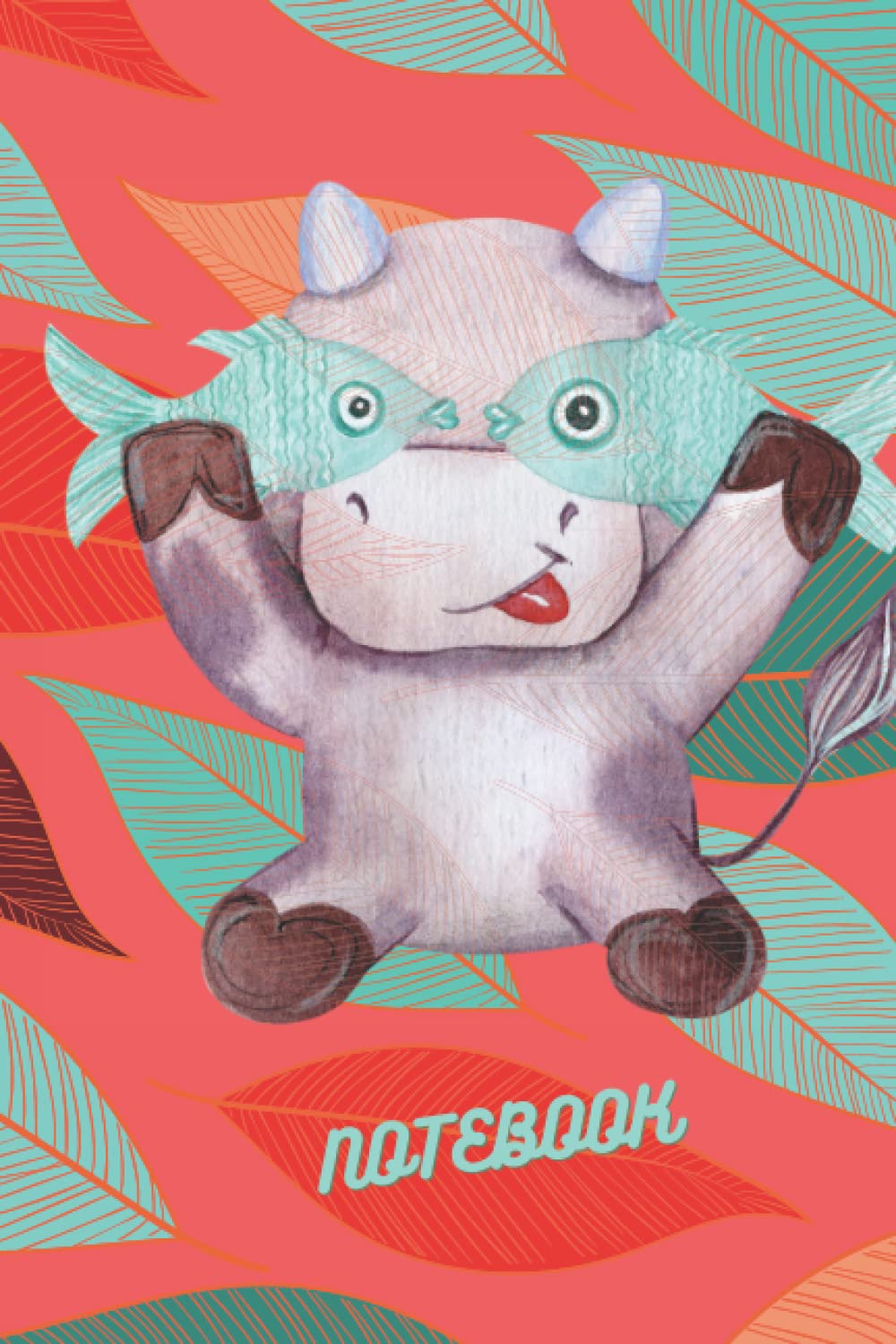 Happy Cow Pisces Notebook - Cute Piscean Notepad with Fun Fall Leaves and Joyful Bull Cow Pink Red Background 100 Lined Pages