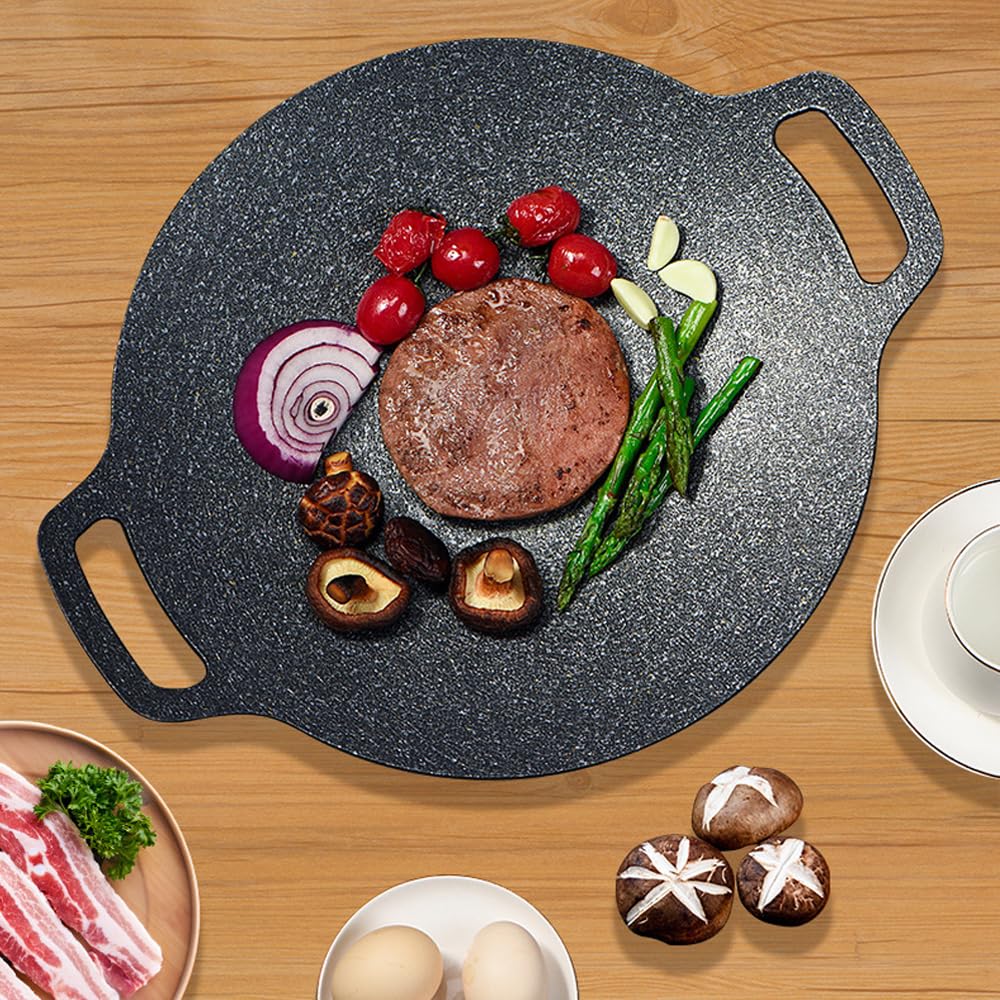 Korean BBQ Grill Pan 13.3inches, UNOSCHRIM Non-stick Grill Pan, Granite Coating Circular Grill Pan with Anti-Scalding Gloves and Food Clip, Suitable for Both Home and Outdoor Camping, Medium, Black