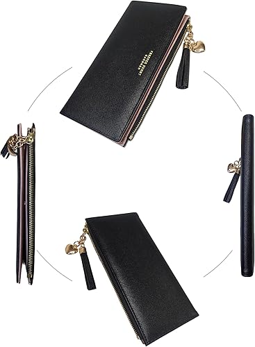 Miniatura 4 de Cartera de cuero para mujer, organizador de tarjetas de crédito, con cremallera bonita, grande, larga, monedero, negro (C-BLACK), Carteras largas