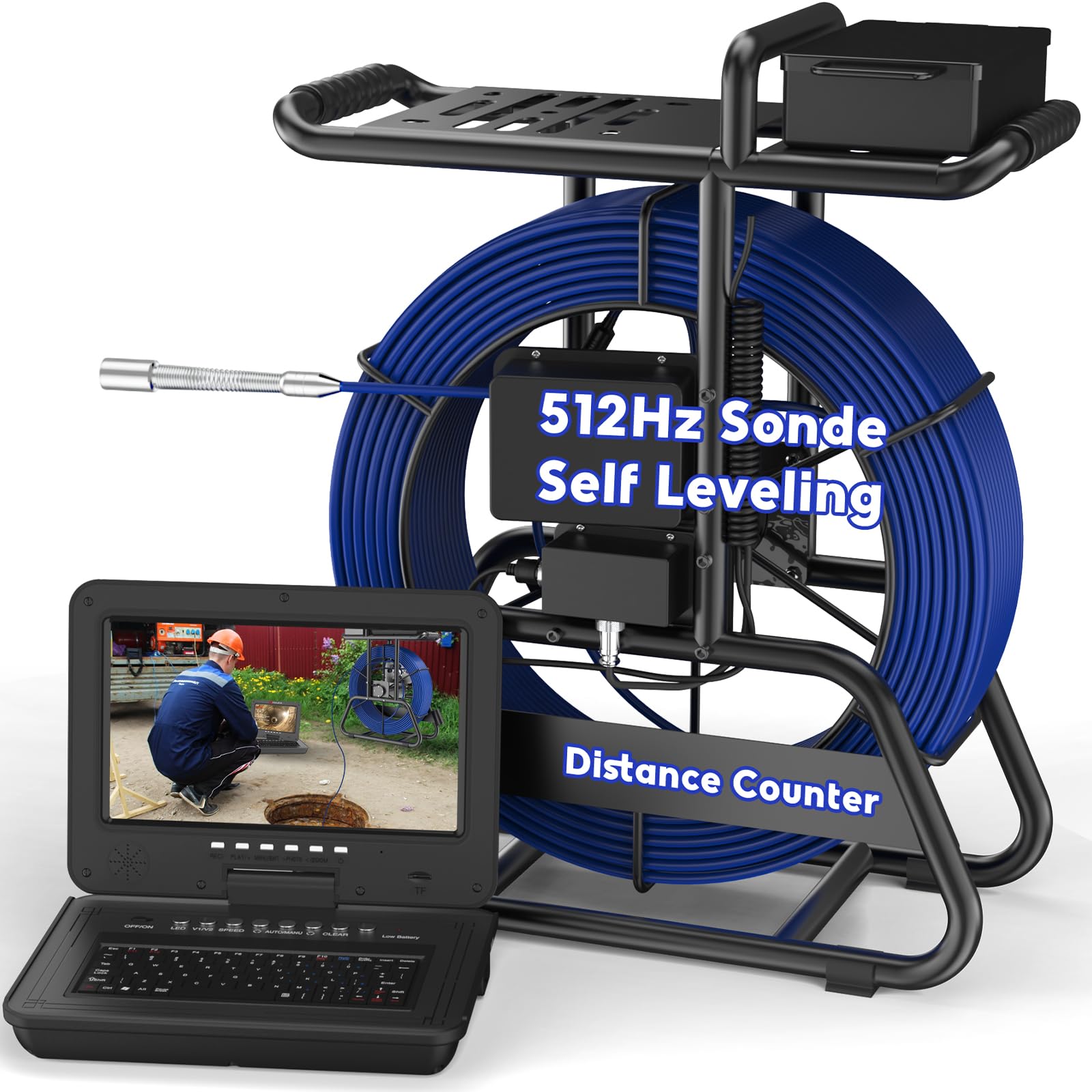HBUDS Self Leveling Sewer Camera - 265ft, 0.28in Thicker Cable, 512Hz Transmitter, Distance Counter, Audio/Video Record, Keyboard Input, 10.1'' 1080P