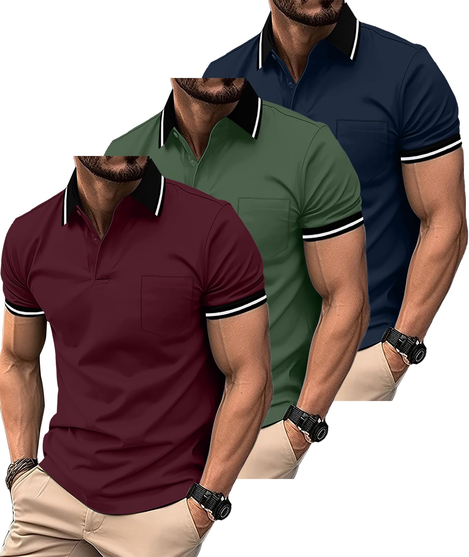 ZITY 3 Pack Men Polo Shirts Short Sleeve with Pocket Sport Wicking Shirts for Men Casual Athletic Collared T-Shirts