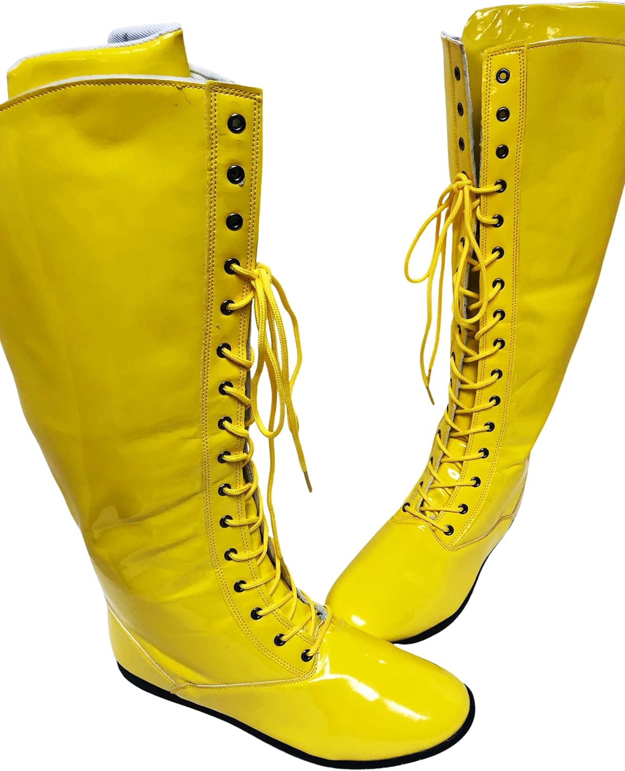 My Party Shirt Yellow Adult Wrestling Boots - Pro Wrestler Costume Shoes - Faux Patent Leather High-Top Lace-Up - Halloween Boxer Superhero