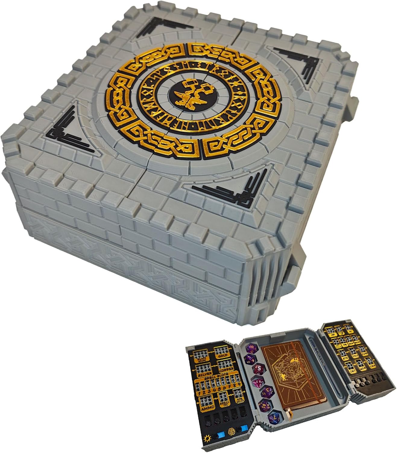 DND 5E Character Chest of Dice Tray Organizer,Superior Stat Tracker for Tabletop RPGs, A6 Notebook Compatible Storage Vault for Dice, Pens & DND Accessories