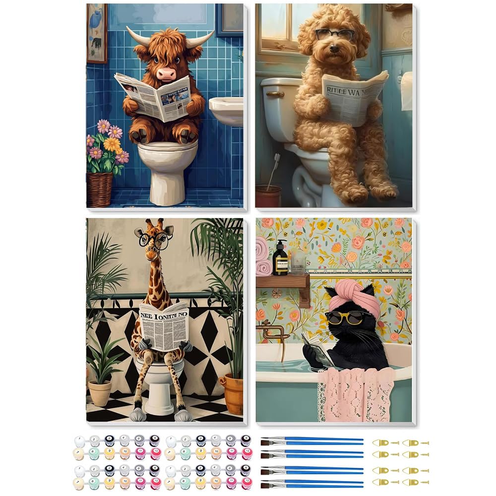 Jakener 22Paint By Number-11 4 Pack Paint By Numbers For Adults, Giraffe Cat Cow Dog Painting By Numbers For Adults Canvas Kits,Animal Adult Paint By Numbers Kits With Frame,Diy Acrylic Oil Painting For Home Wall Decor 10X12 Inch