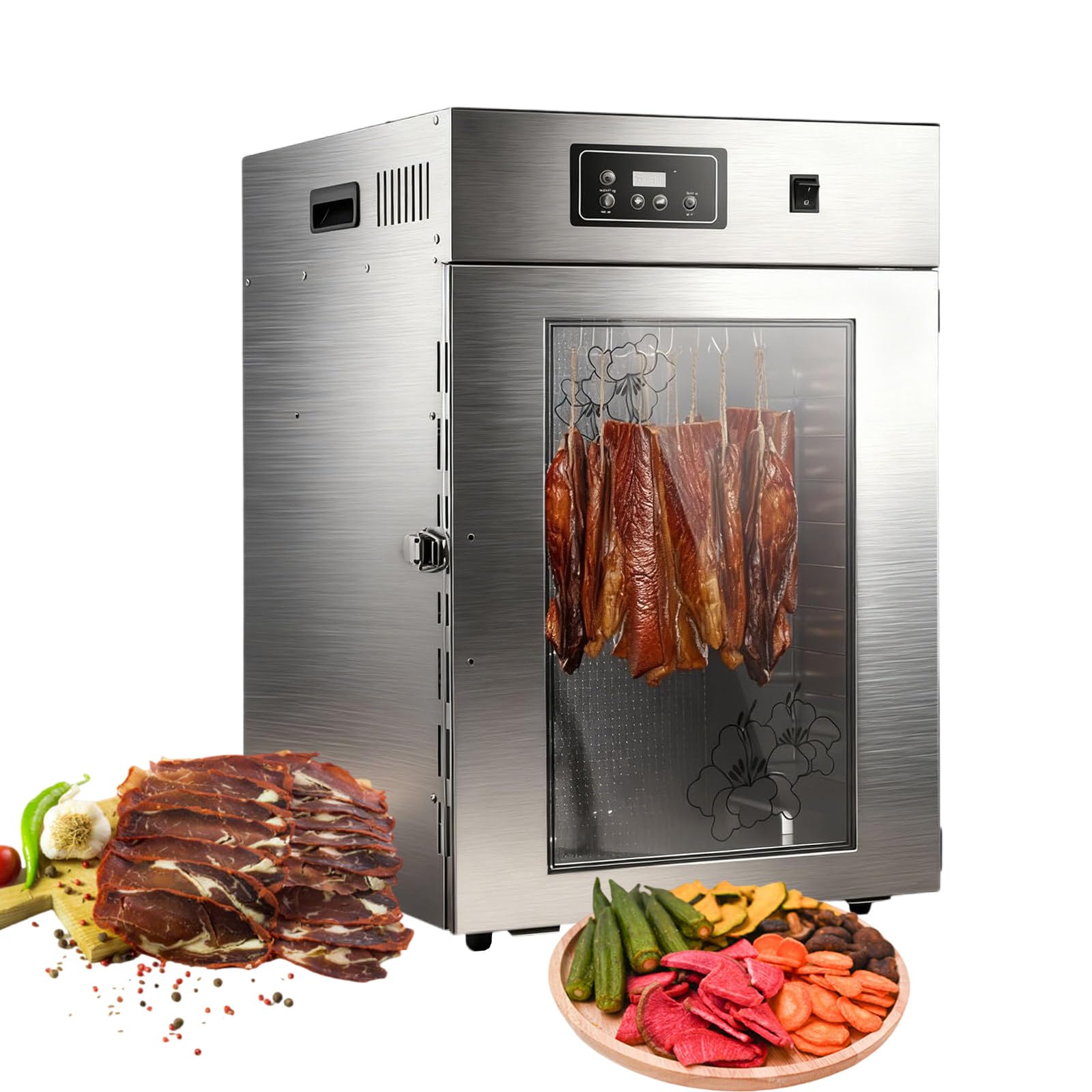 SENJINGHUA Electric Food Dehydrator, Rotary Meat Curing Chamber with 360° Rotation, 30-90℃ Temperature Control, Stainless Steel Dryer for Sausages, Bacon, Chicken 1000W