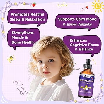 Kids Magnesium Liquid Drops, Magnesium Glycinate Liquid for Children's Supplement with Vitamin D3 K2 B12 & B6, Omega 3,L-theanine,Lemon Balm-for Sleep,Relaxation,Calm,Focus, Strawberry Flavor