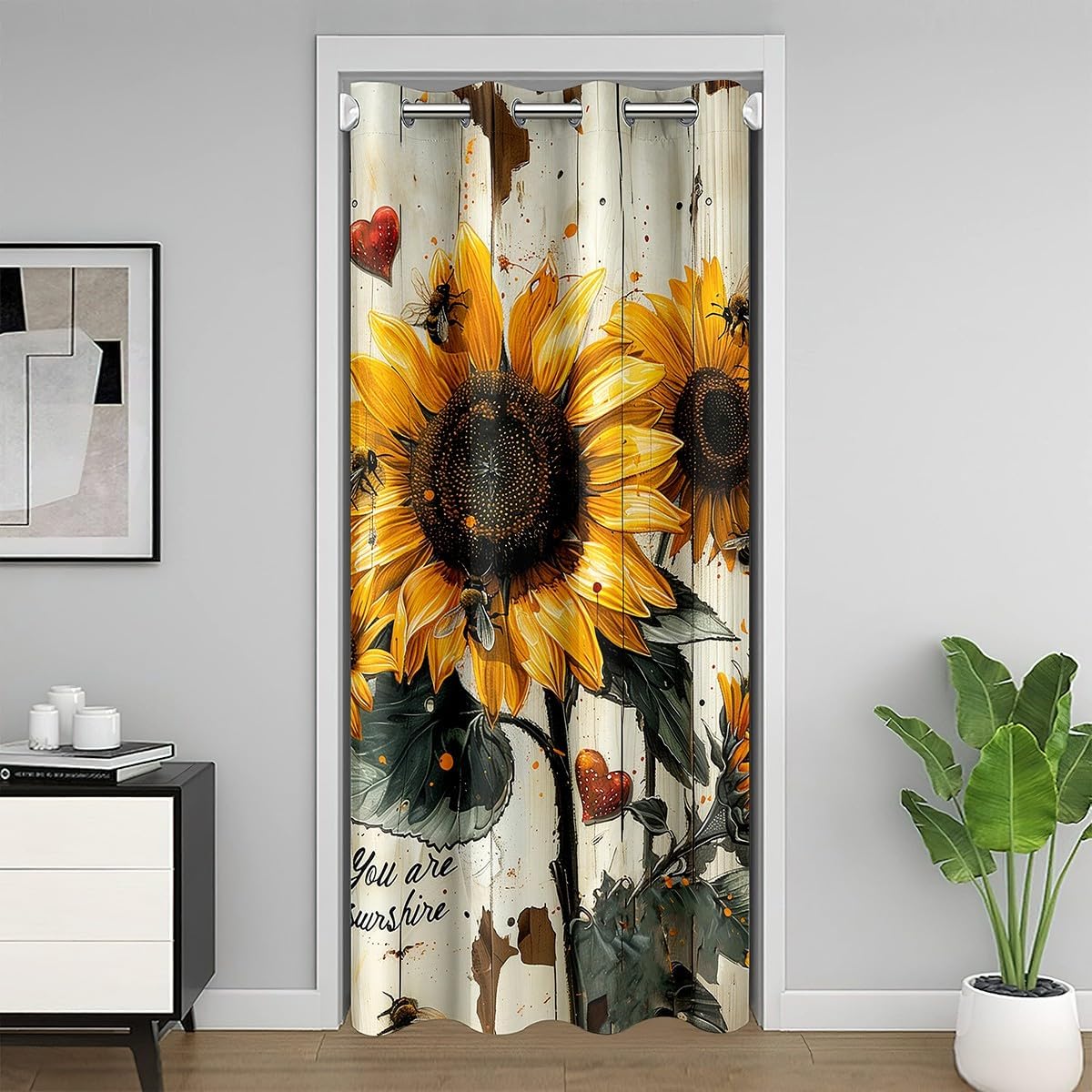 Retro Farmhouse Style Door Curtain 1 Panel,42"W X 80"L,Watercolor Sunflowers Bee Botanical Door Drape for Closet Door Living Room Bedroom Decor, Vintage Splicing Wooden Stripes Blackout Curtain