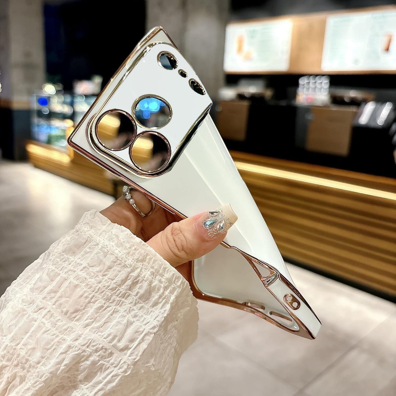 YTanazing Rectangle Case for iPhone 17 Pro Max, Luxury Plating Elegant Gold Edge Reinforced Corners Cover with Full Camera Protection Shockproof Silicone Phone Case for Women Girls, White - Image 3