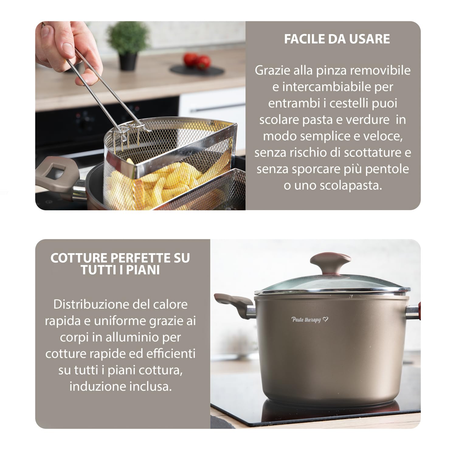 Pentola pasta 22 cm tortora con 2 cestelli e coperchio
